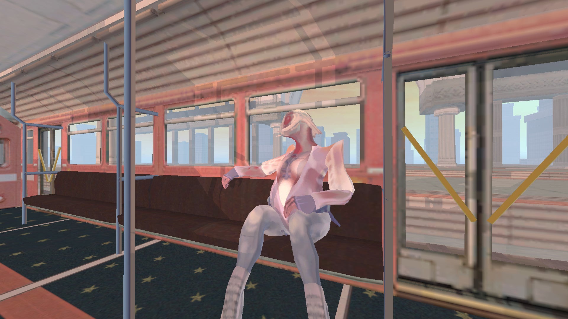 A screenshot of Sephonie showing a bipedal humanoid creature sitting on a subway train