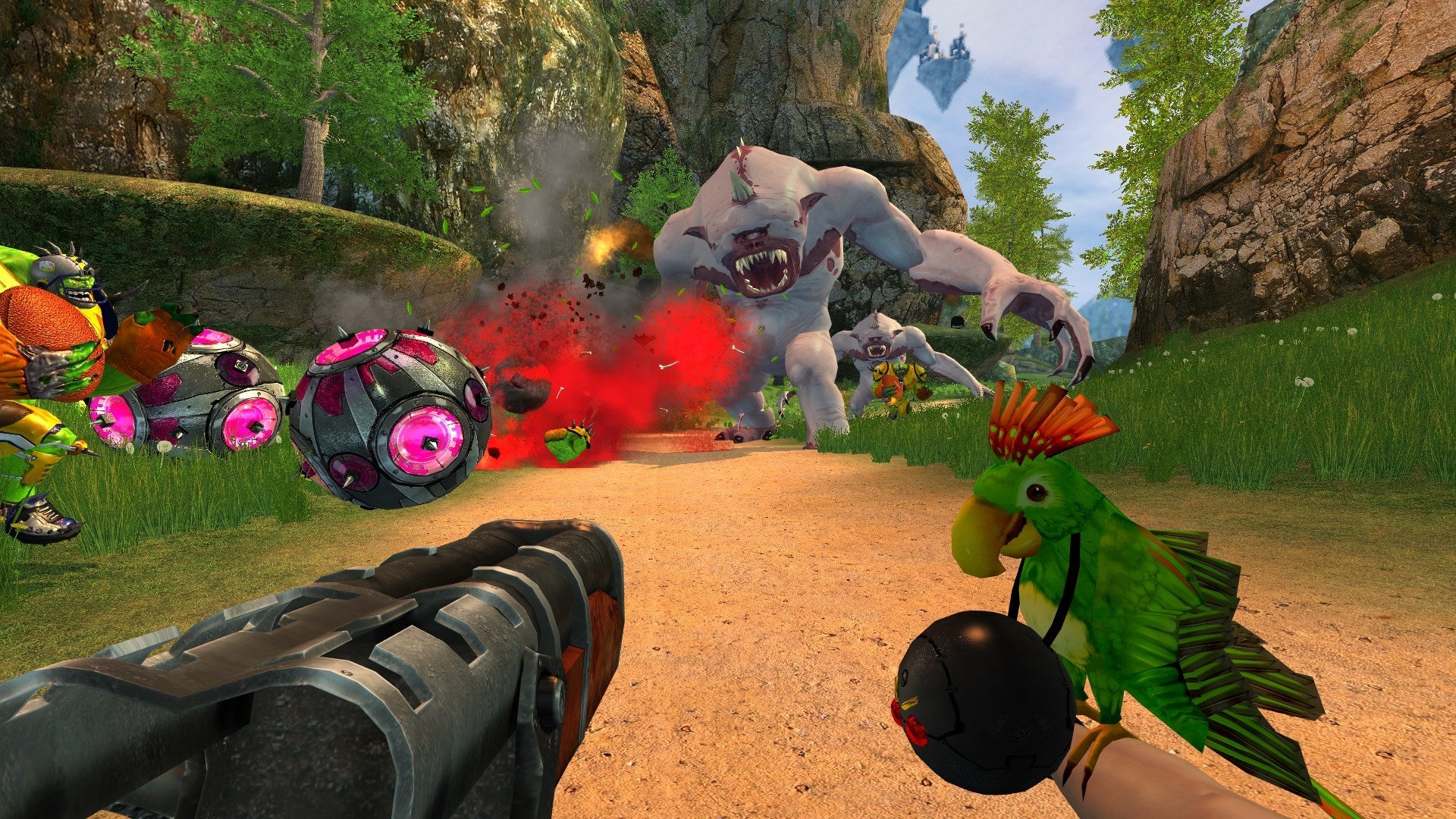 Serious Sam 2 - Same dual wields a shotgun and a bomb while fighting against a group of enemies.