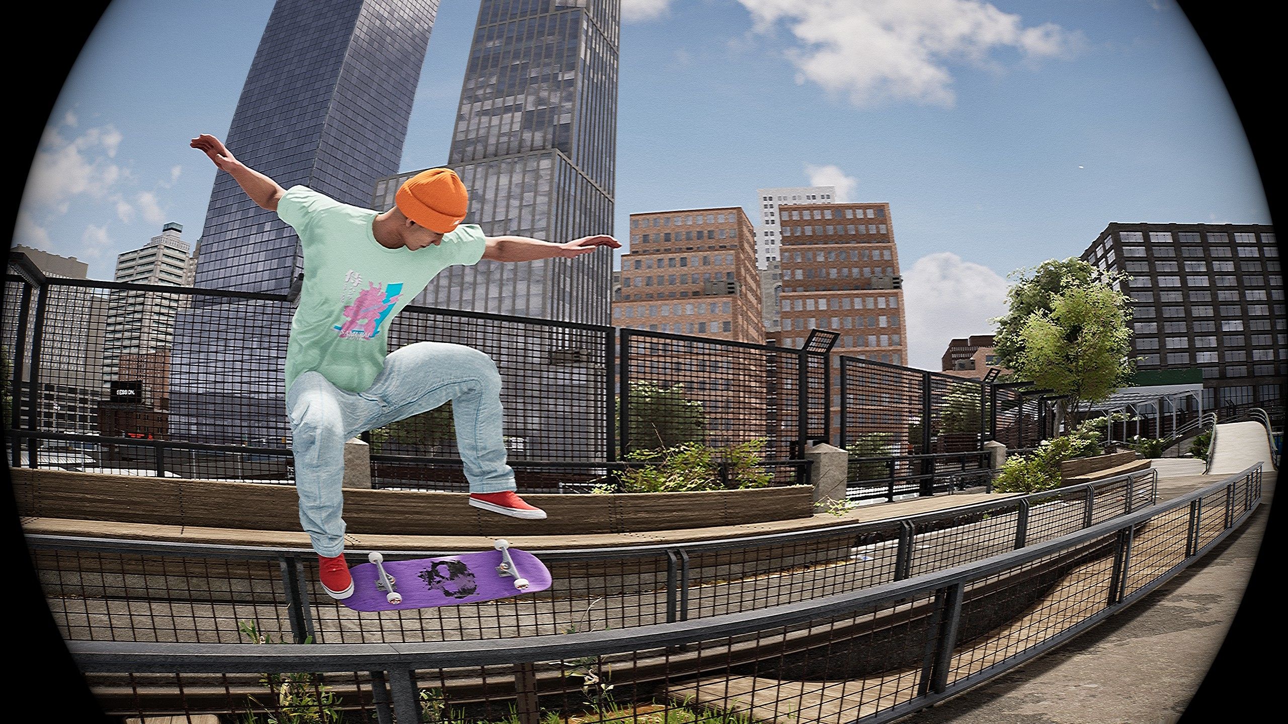 A skater jumps off his board in a rail in an urban environment in Session