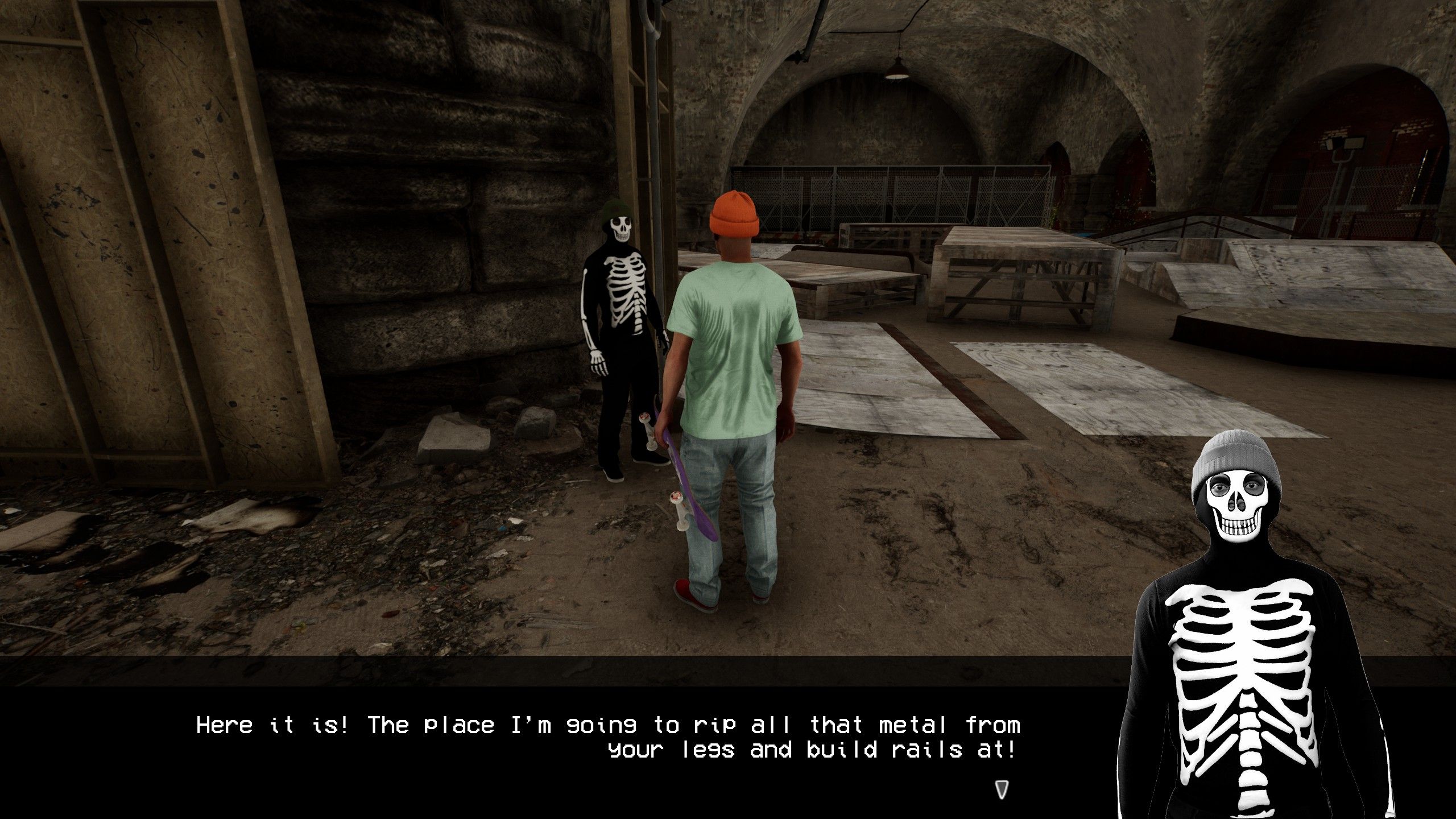 A skater talks to a man in a skeleton costume in Session