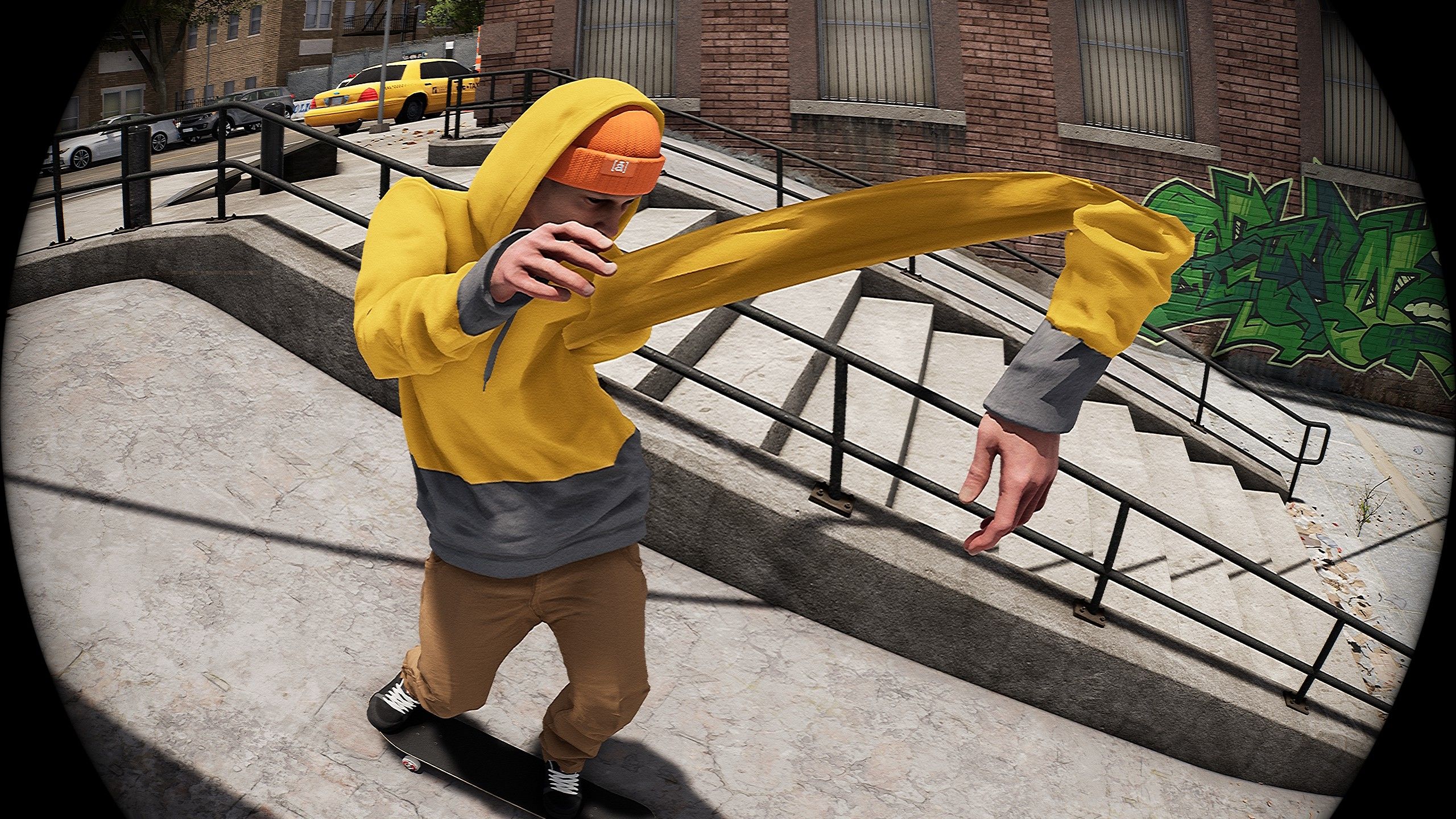 A skater in a yellow hoodie has a very glitchy arm in Session