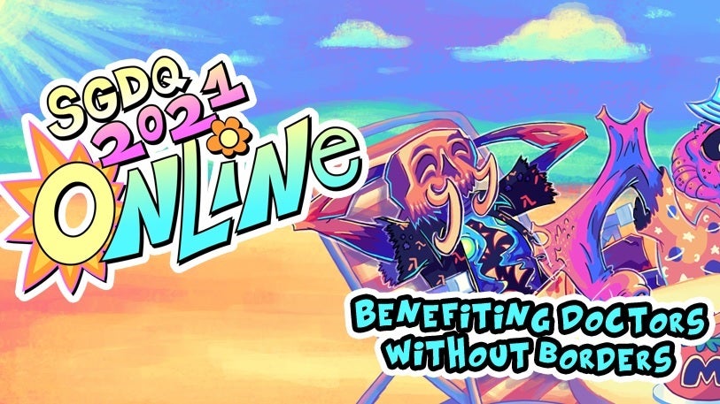 Summer Games Done Quick 2021 banner art: text reads "SGDQ 2021 Online" and "Benefitting doctors without borders" over a character lounging in a beach chair.