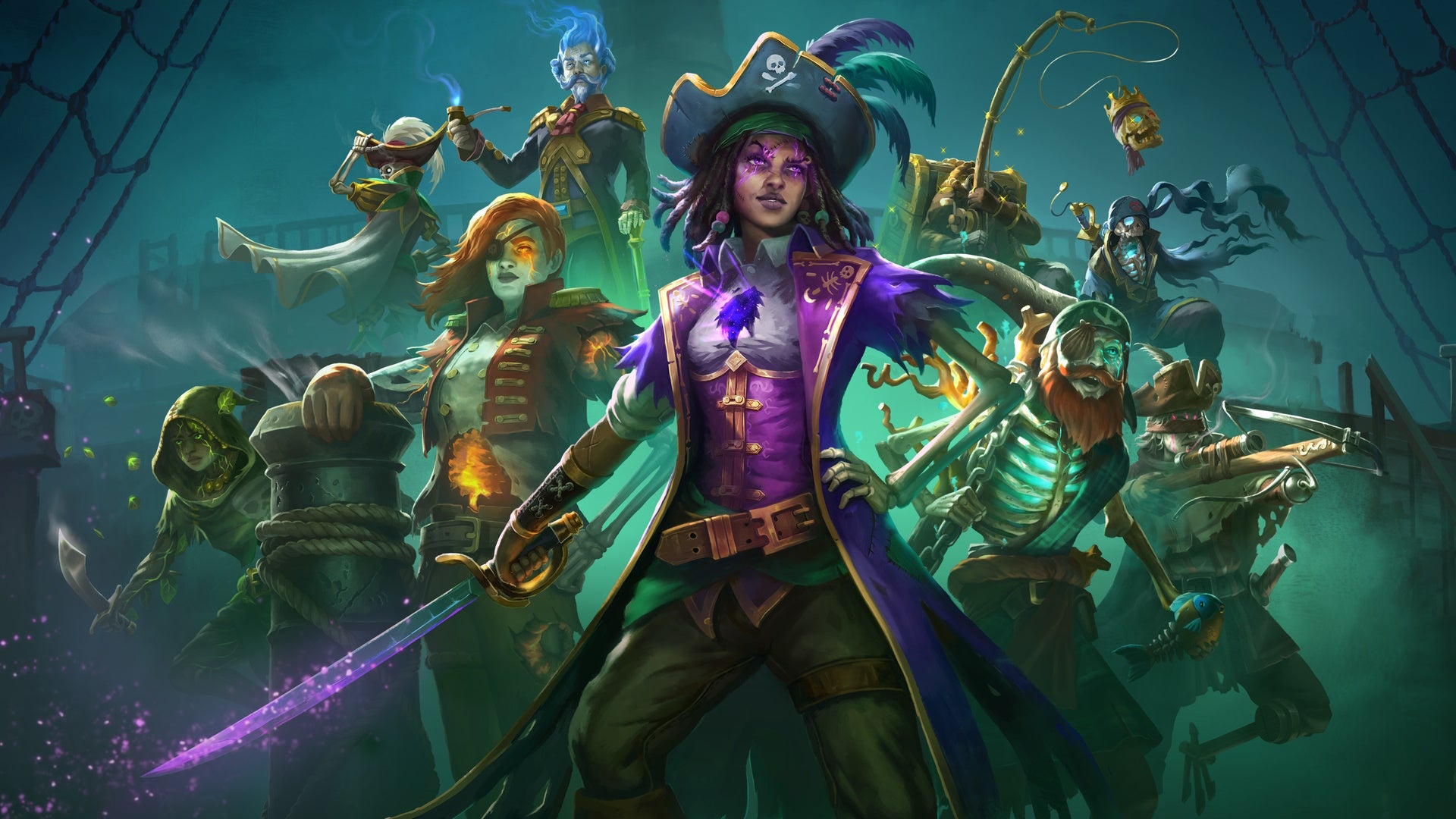Artwork for Shadow Gambit: The Cursed Crew showing all eight of its main pirate protagonists