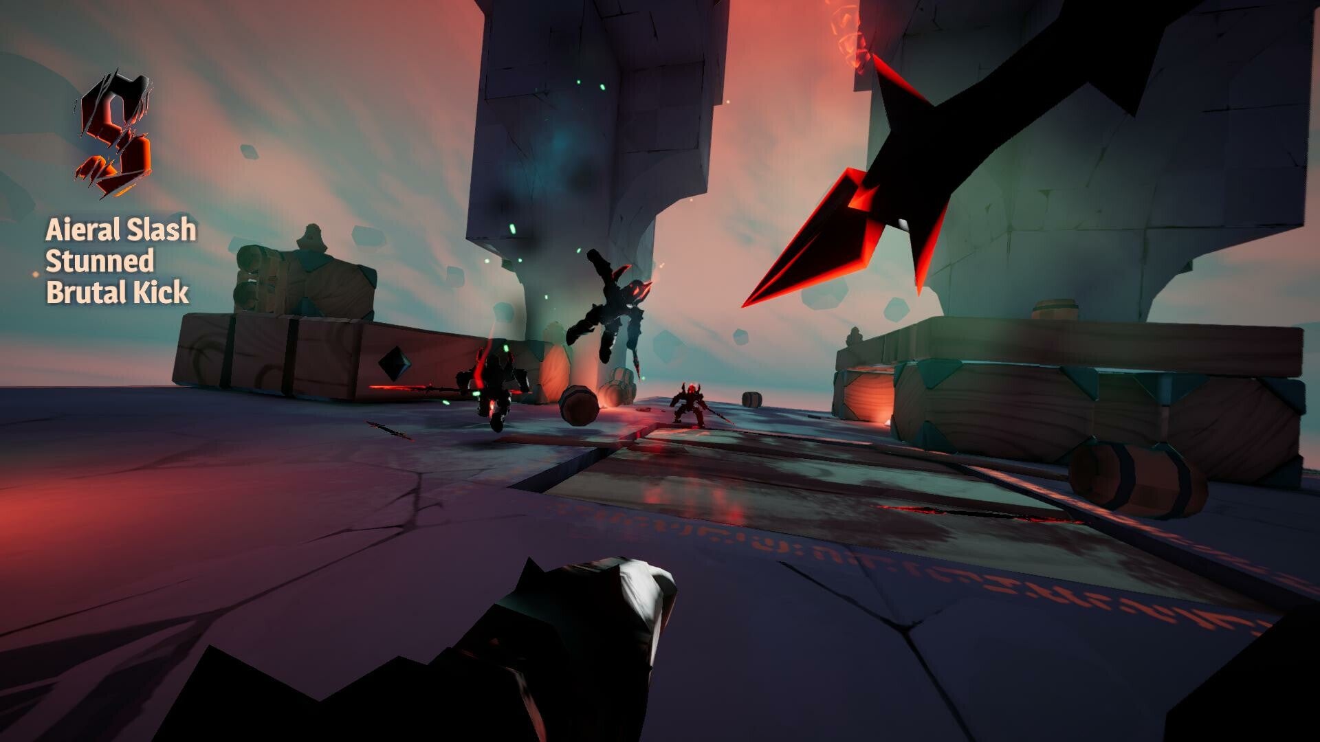 Armoured enemies leap toward the player in the abstract hellscape of Shady Knight