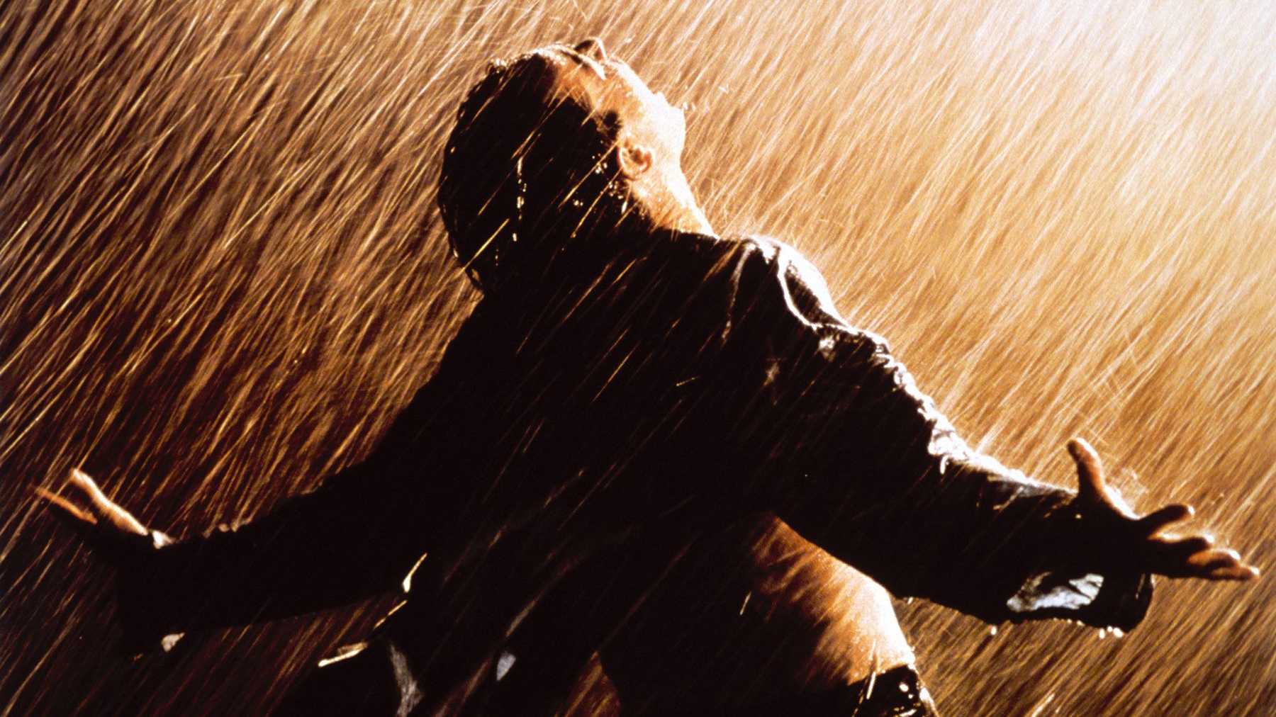The iconic shot from The Shawshank Redemption of Dufresne standing out in the rain.