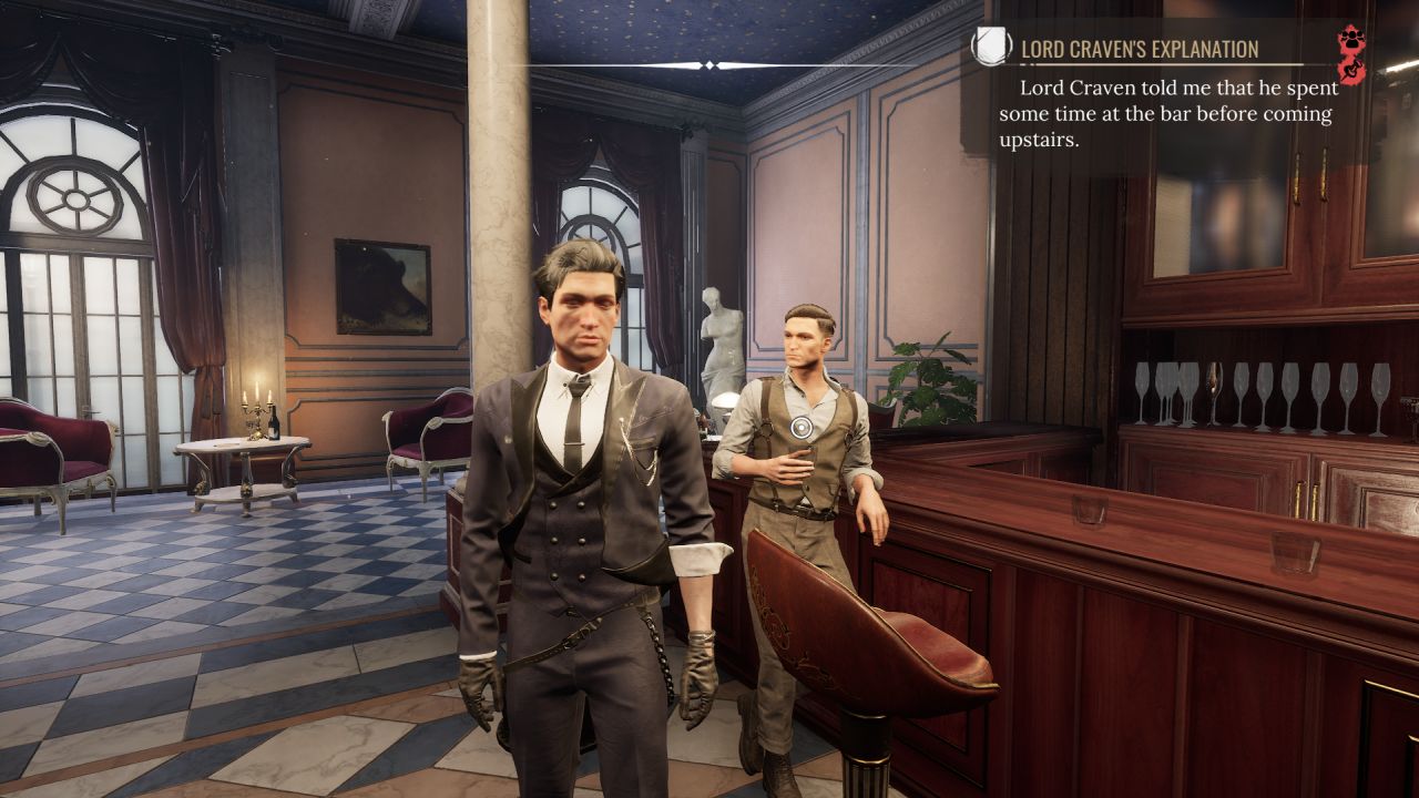 A screenshot from Sherlock Holmes Chapter One. Sherlock Holmes, a young white man with dark hair, in a purple and black three piece suit, stands next to his friend Jon in a hotel bar. Jon is a similar age, which a shorter haircut, more tanned skin, and a brown, more messy suit.