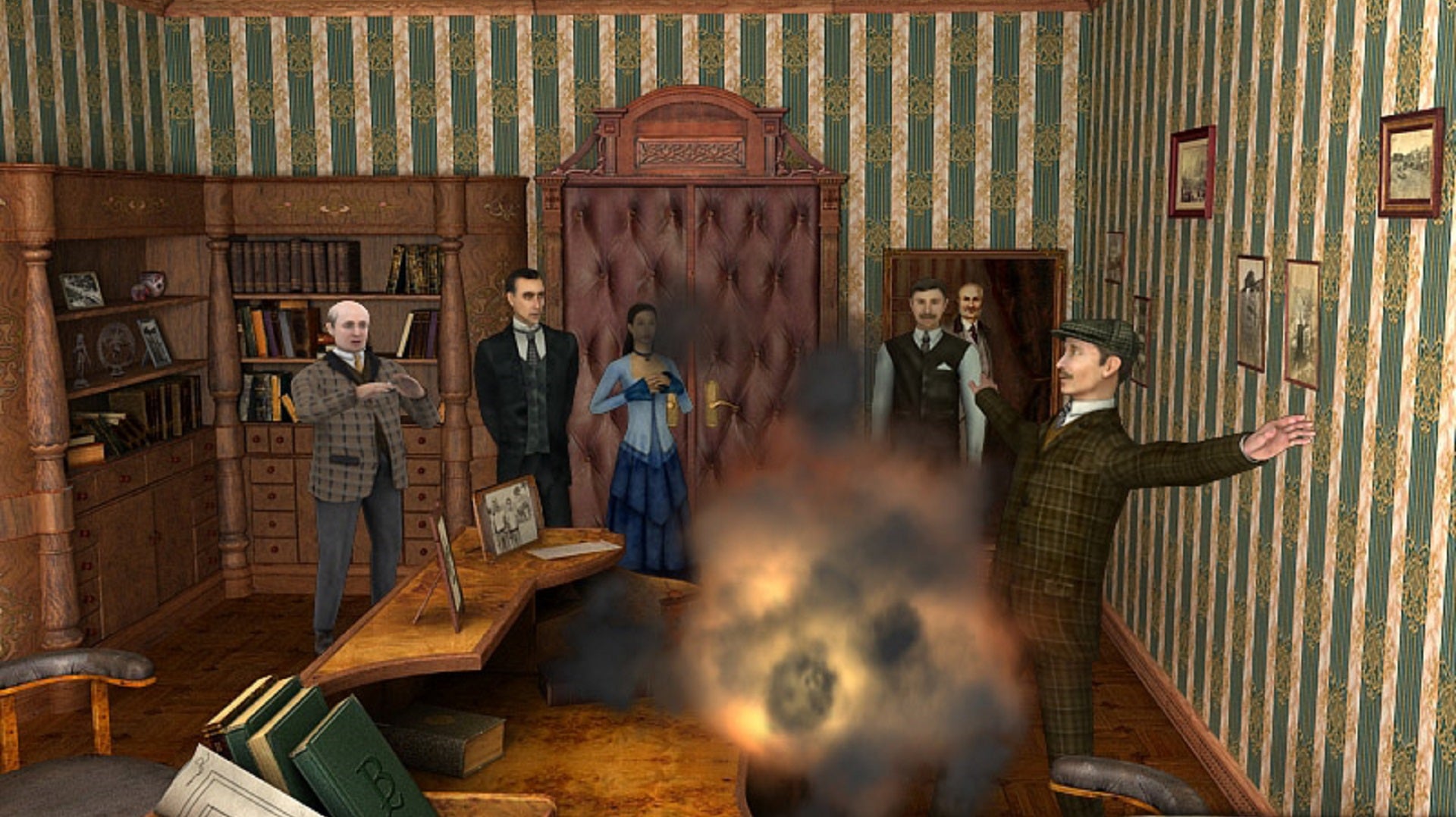 Early-2000s 3D renderings of Sherlock Holmes, Dr Watson, Inspector Lestrade, and a number of original characters react to an exploding desk.