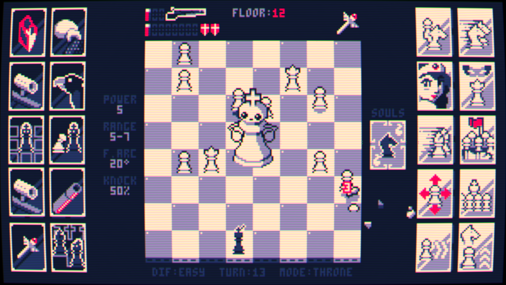 Battling a giant king in a Shotgun King: The Final Checkmate screenshot.