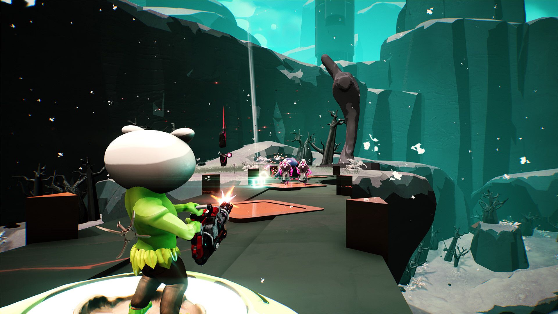 A frog's eye view of battle from the back of a mech in 3d roguelike Shoulders Of Giants