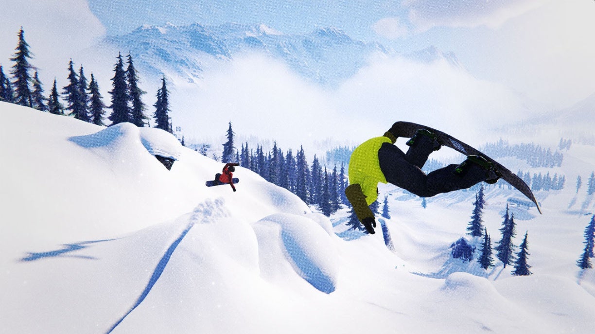 A screenshot of Shredders, a snowboarding game, showing a snow covered landscape and two snowboarders, one of whom is upside down in the air.