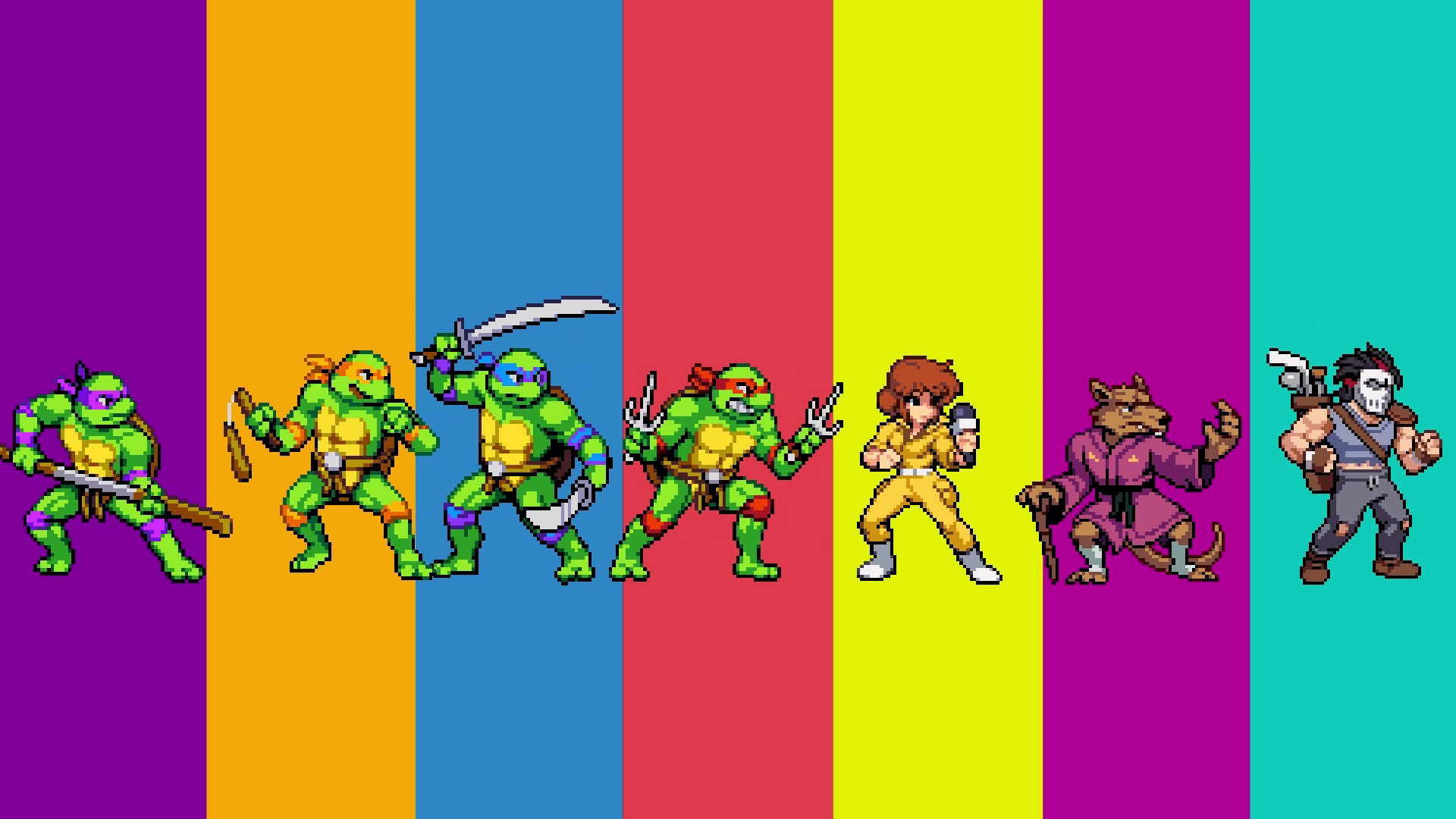 The line-up of playable characters from Teenage Mutant Ninja Turtles: Shredder's Revenge, each standing in front of a horizontal slice of the colour associated with their character