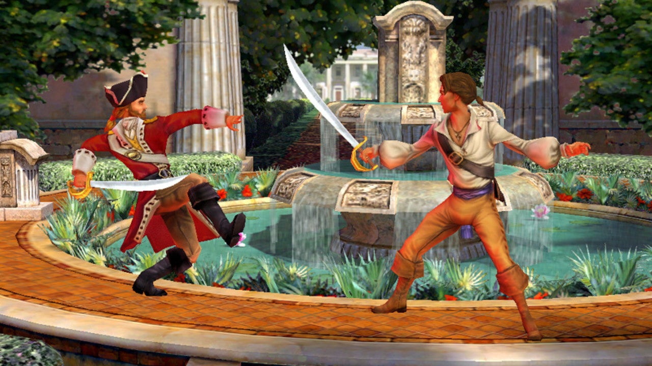 Two pirates swashbuckle around the rim of a fountain in Sir Meier's Pirates!