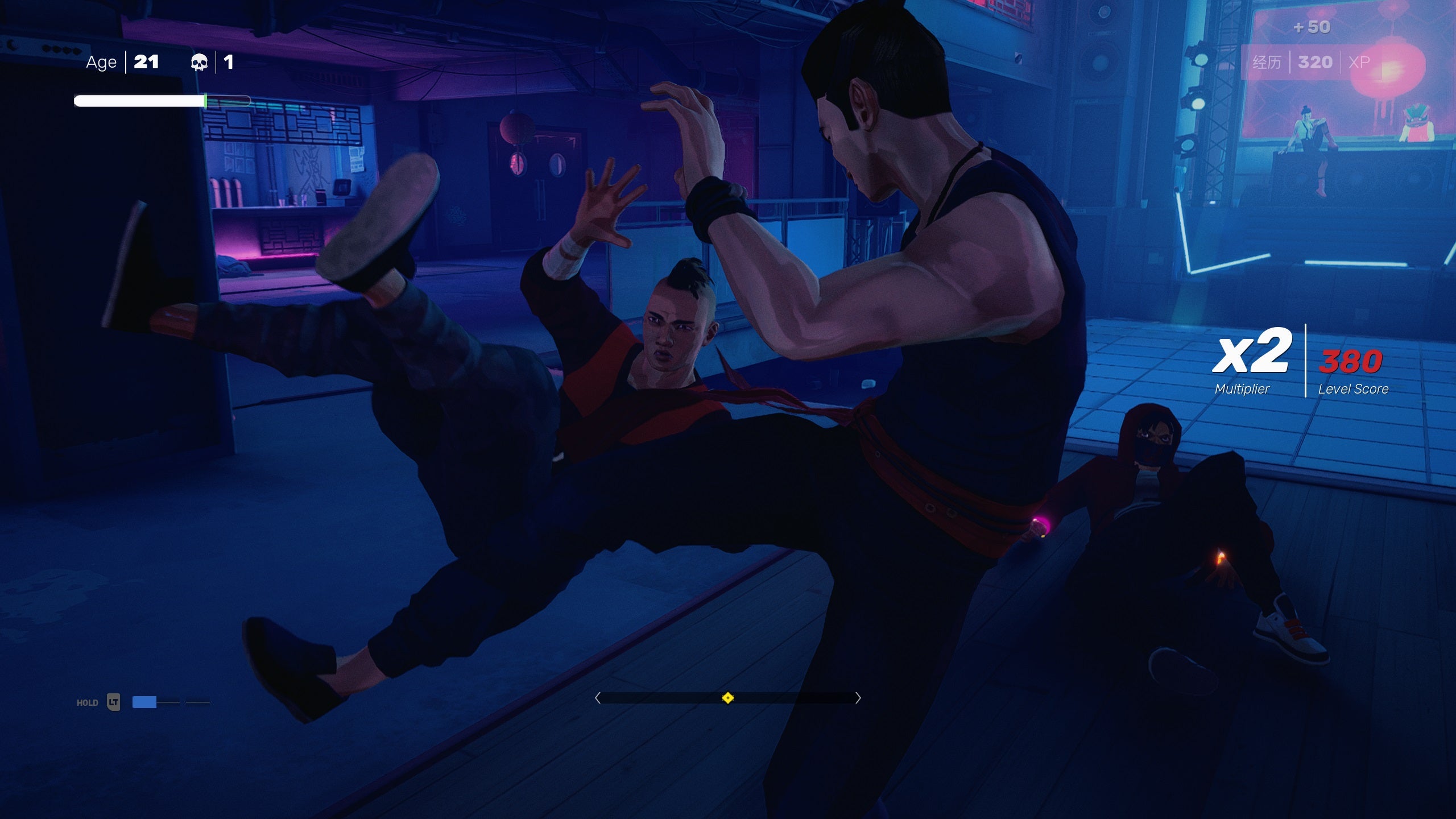 O protagonista de Sifu tropeça em um inimigo varrendo suas pernas por baixo dele.  Está em uma sala escura com luz de fundo azul e parece muito legal