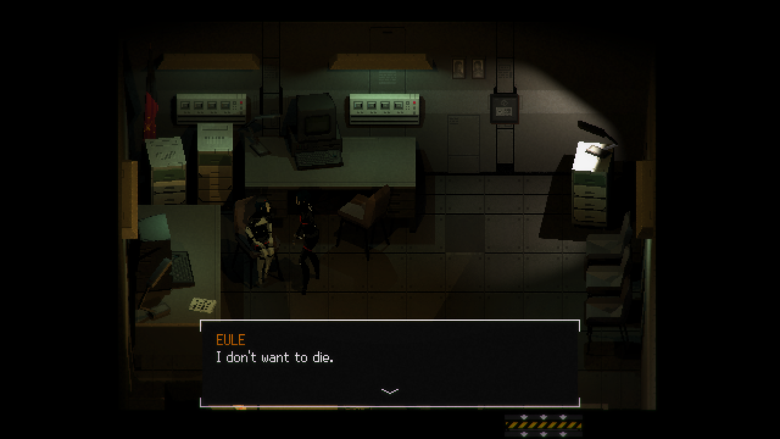 An android expresses a desire not to die in a Signalis screenshot.