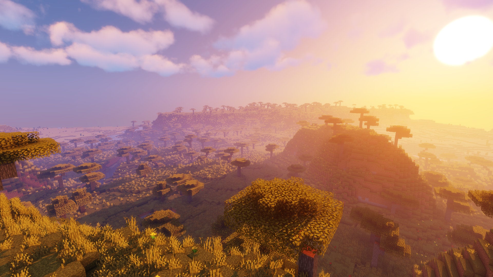 A Minecraft screenshot of a landscape with Beyond Belief Shaders enabled.