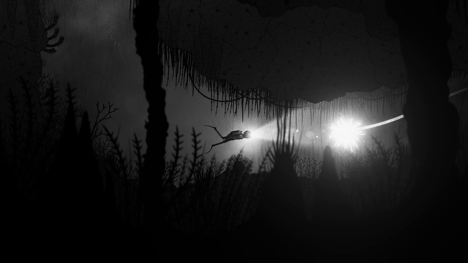 Scafandru cu nămol urmărește o lumină cu naluca într-un tunel subacvatic