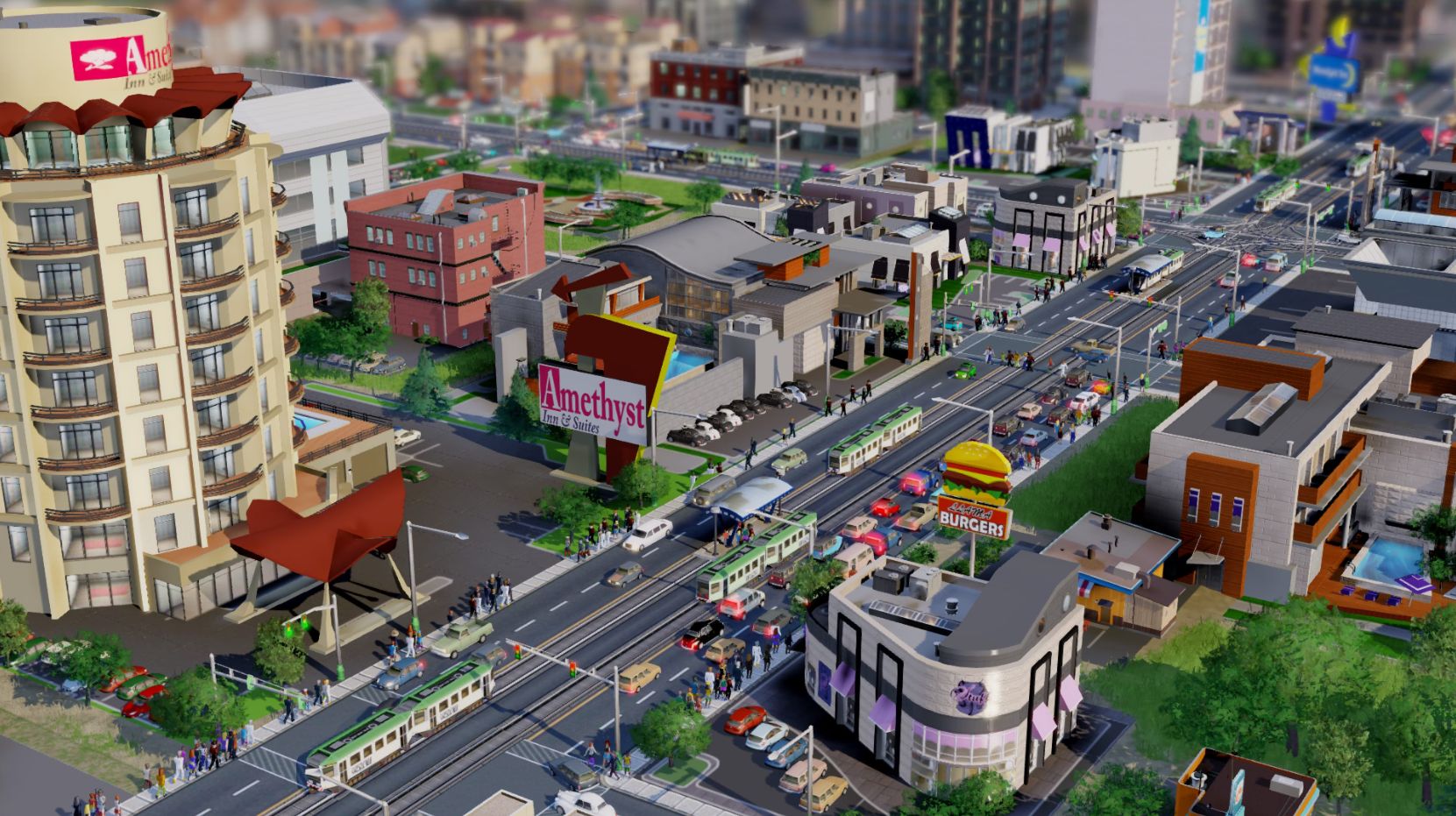 A busy street in SimCity 2013.