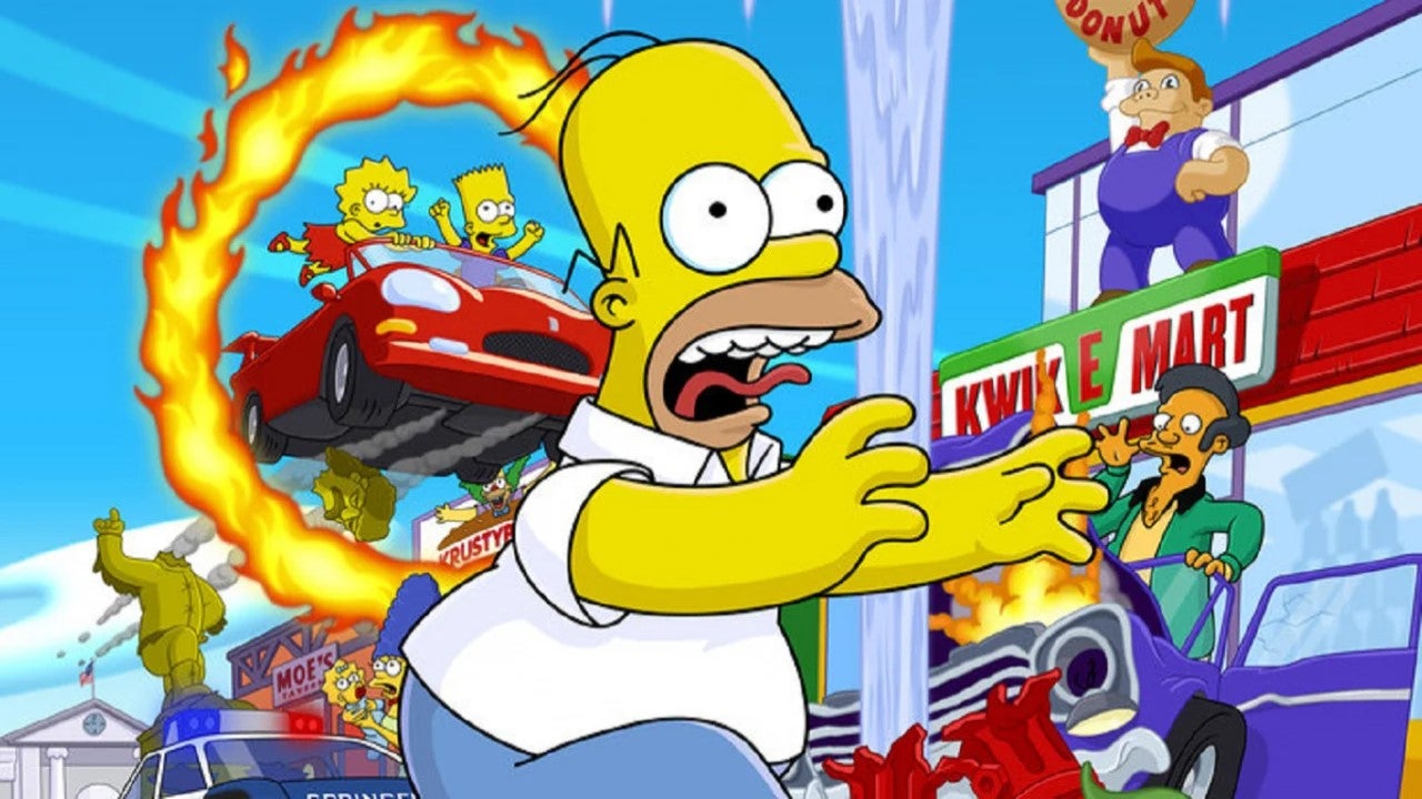 Cover art for The Simpsons Hit & Run, showing Homer running for his life as Bart and Lisa ride a car through a flaming hoop.