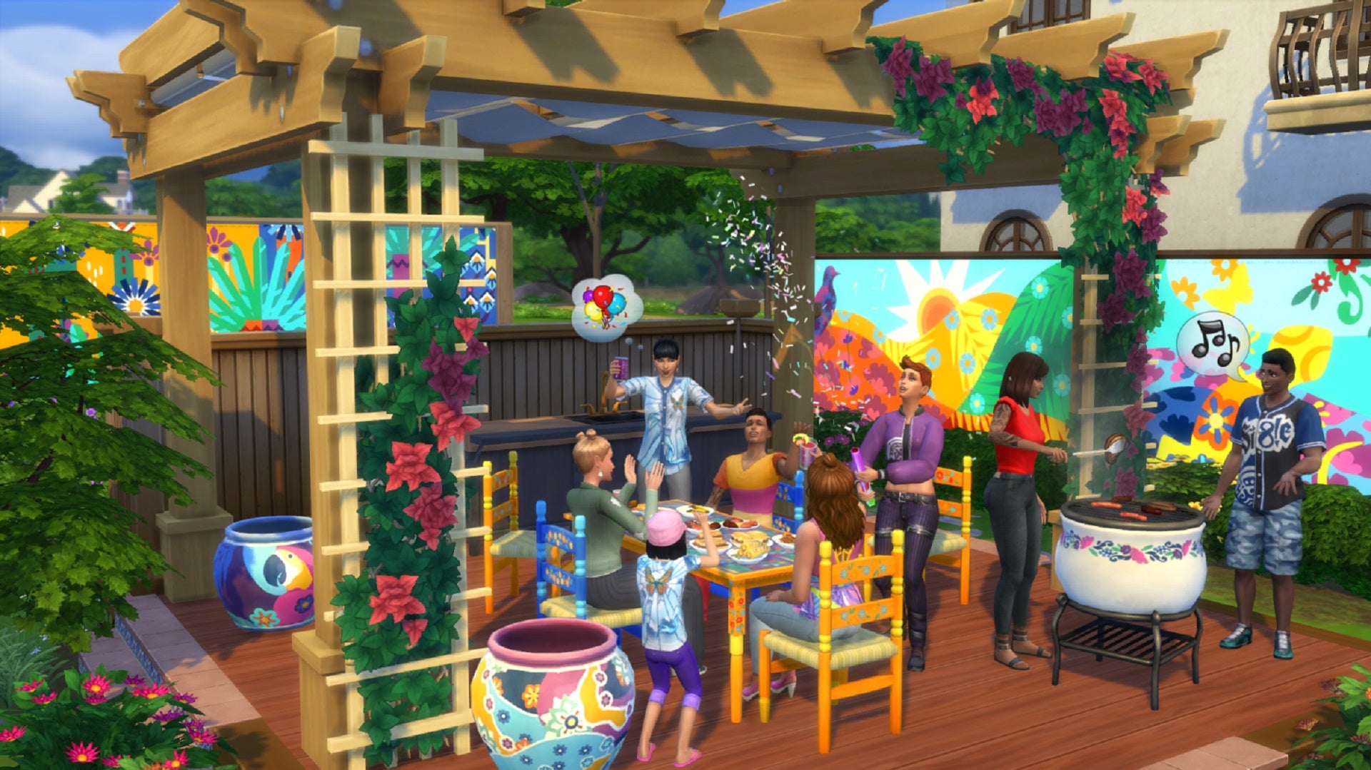 A group of Sims enjoying a barbecue in a brightly-coloured back yard.