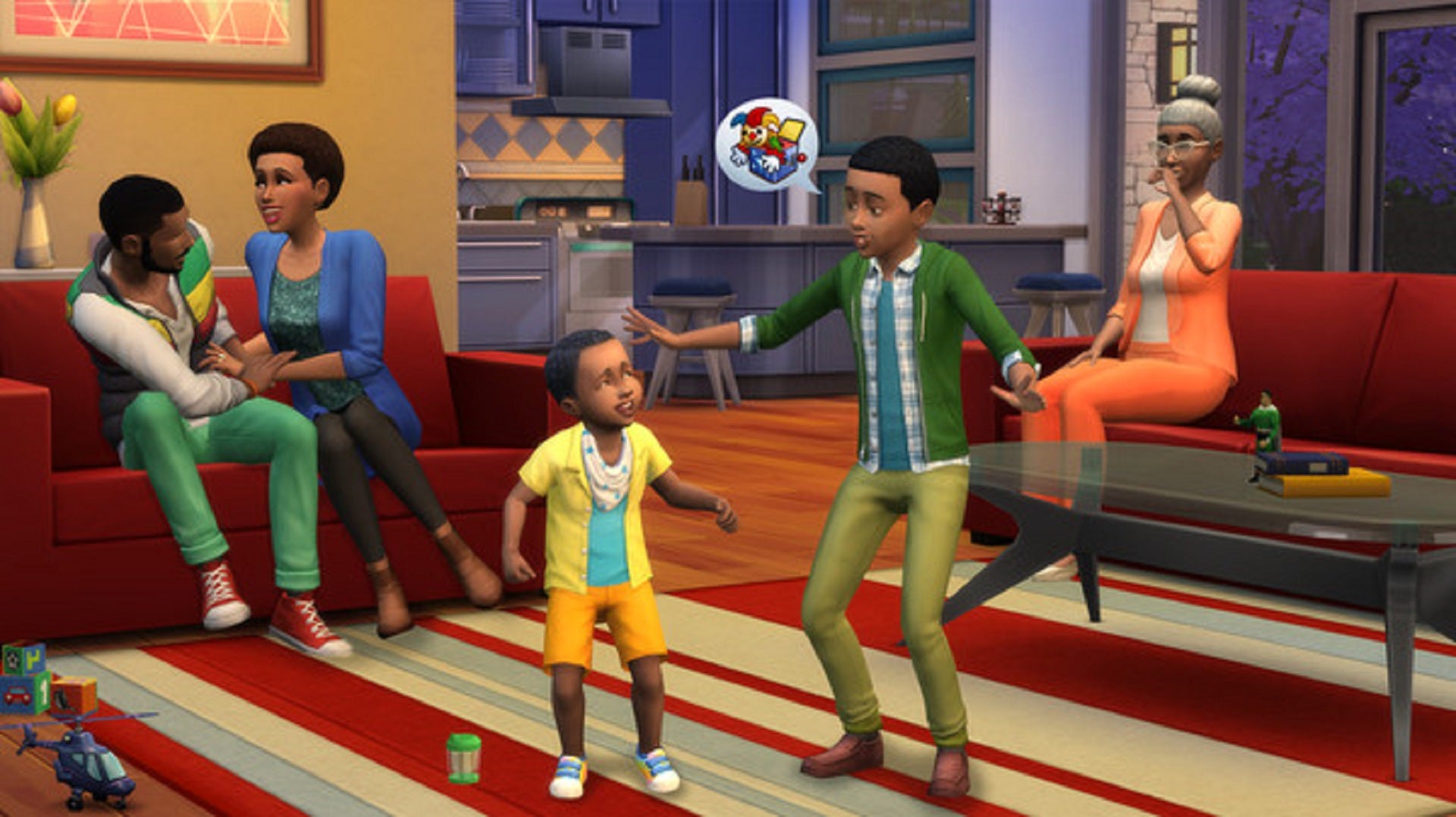 A family of five Sims, ranging in age from toddler to elder.