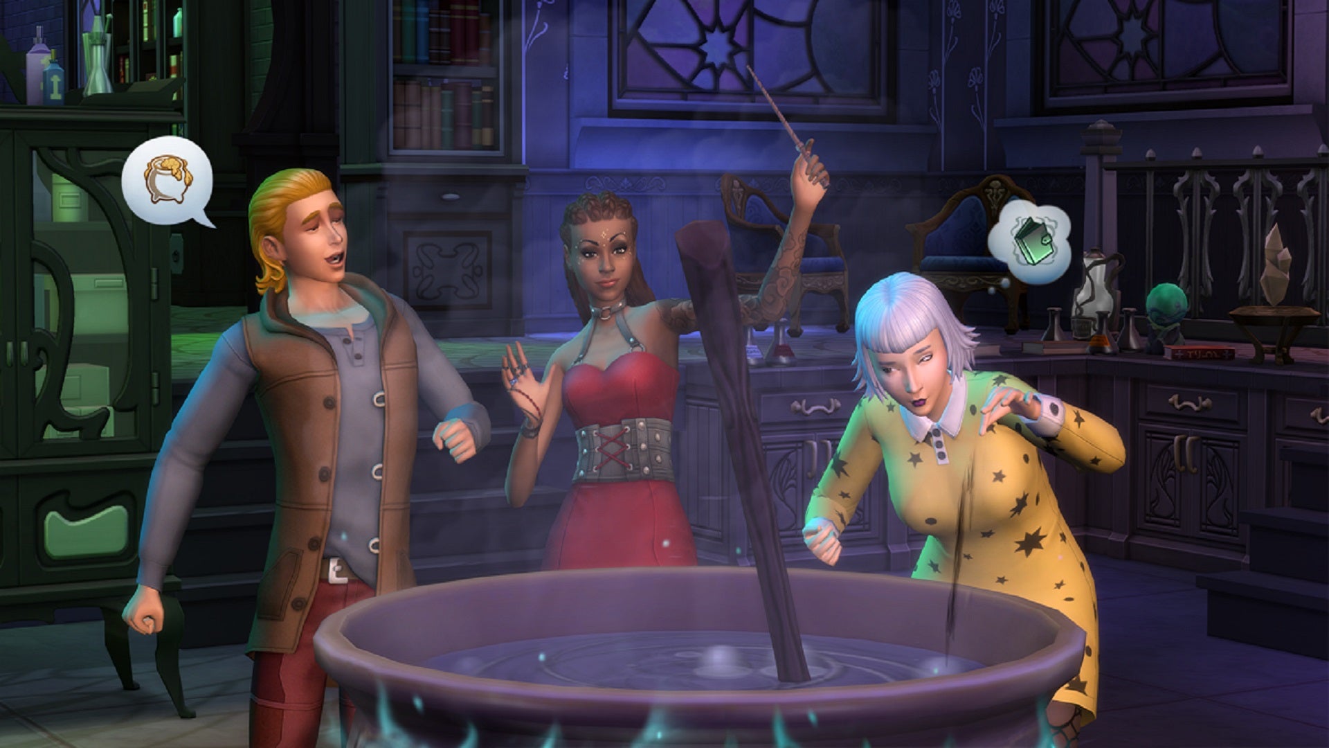 A trio of witches gathered around a cauldron in The Sims 4.