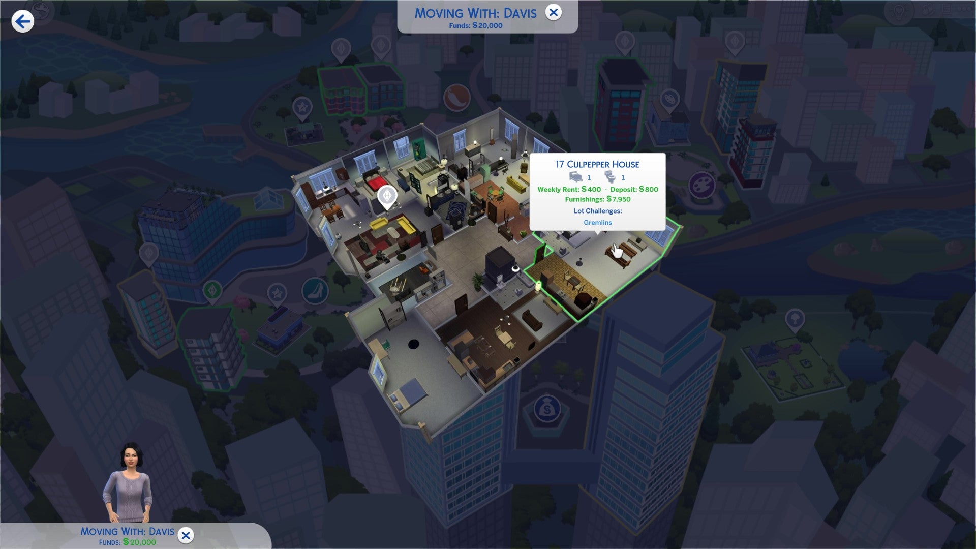 Moving into an apartment in The Sims 4, with lot costs and charges for a small starter apartment displayed.