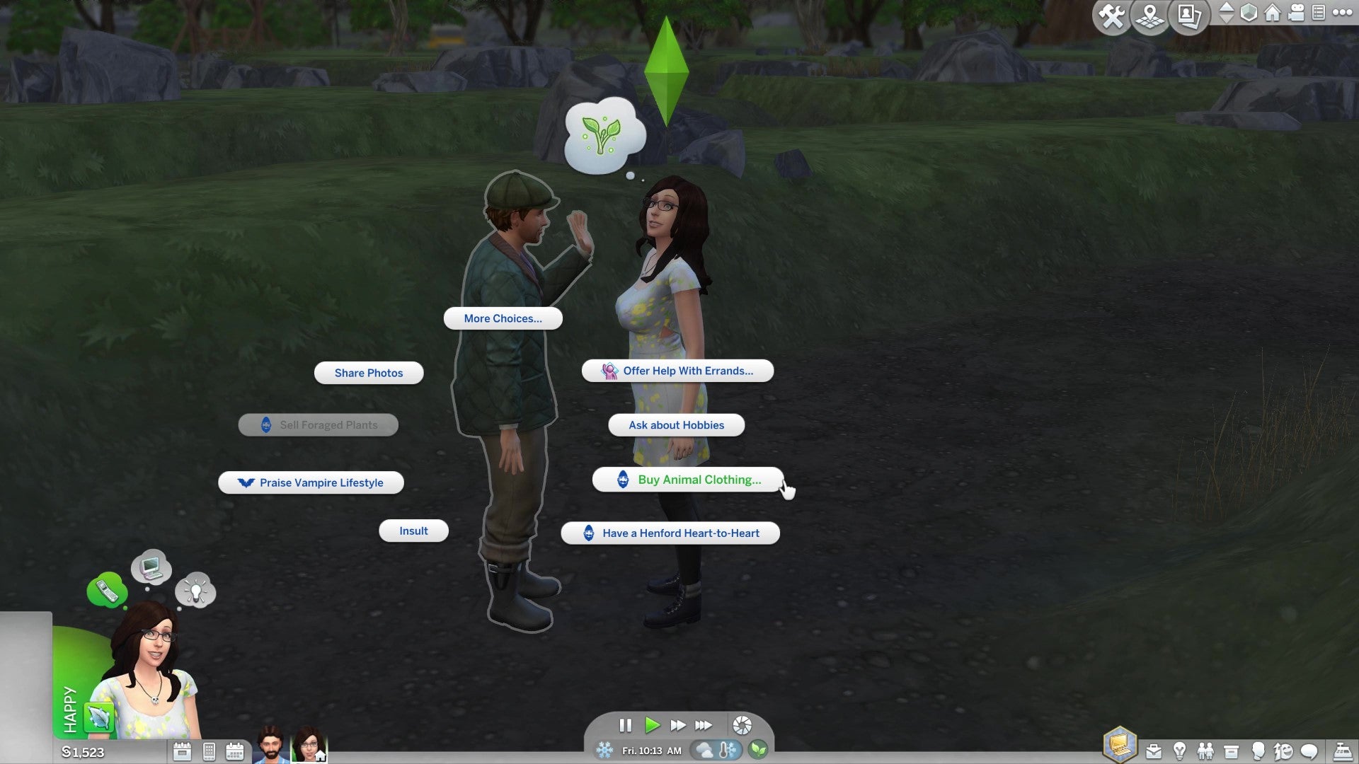 Two Sims in conversation. The highlighted dialogue option reads "Buy Animal Clothing..."