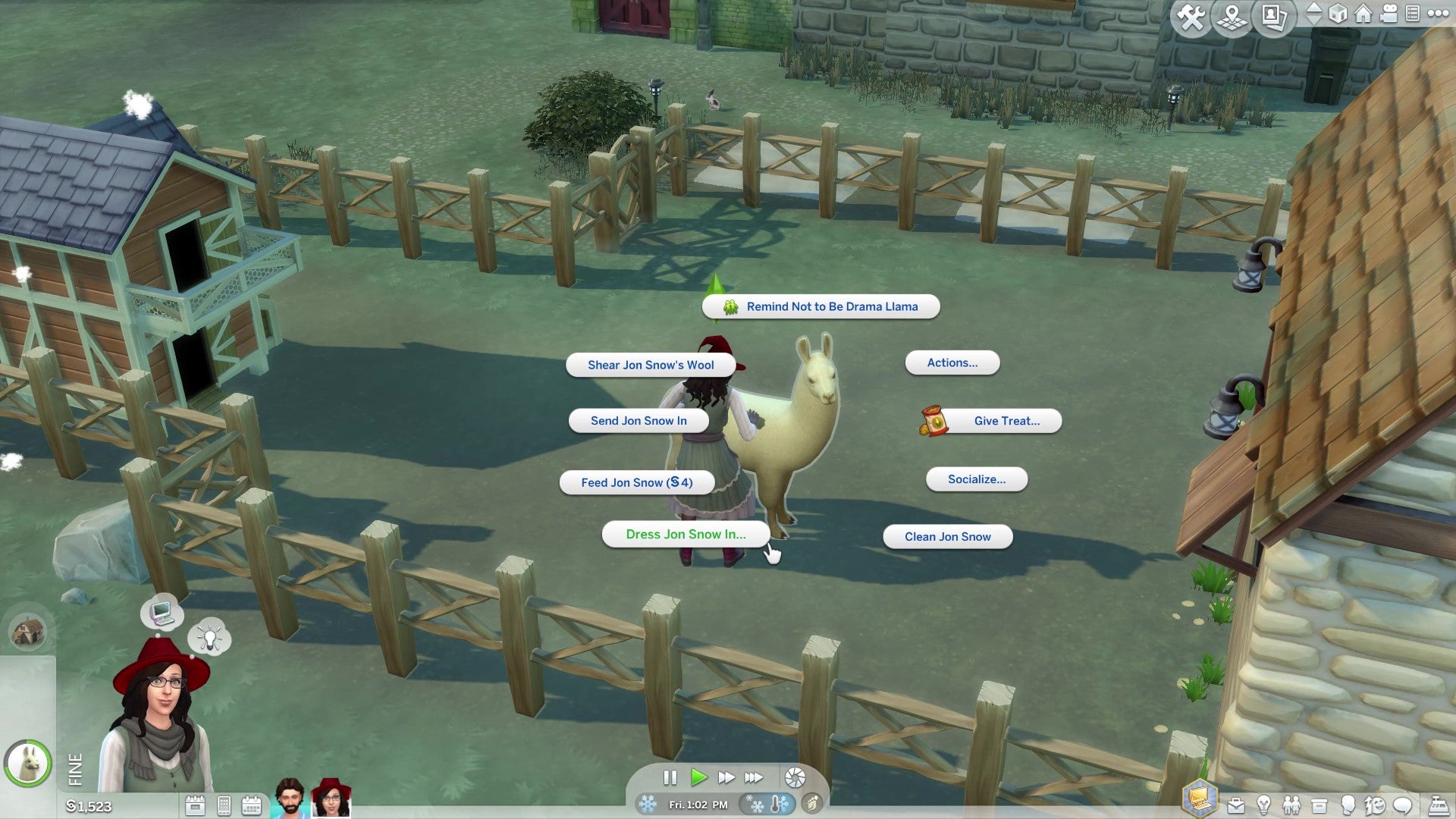 A Sim cleaning a llama with a pie menu interaction open. The selected action reads "Dress Jon Snow in..."