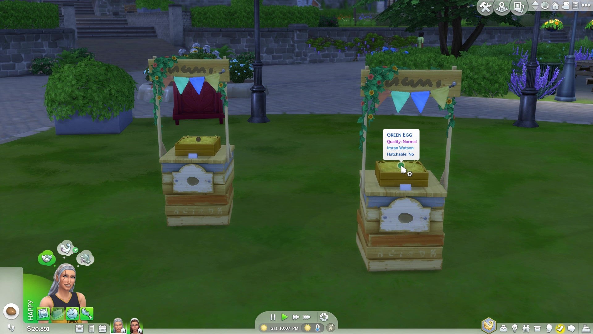 Competition stalls in The Sims 4 with multi-coloured eggs on them.