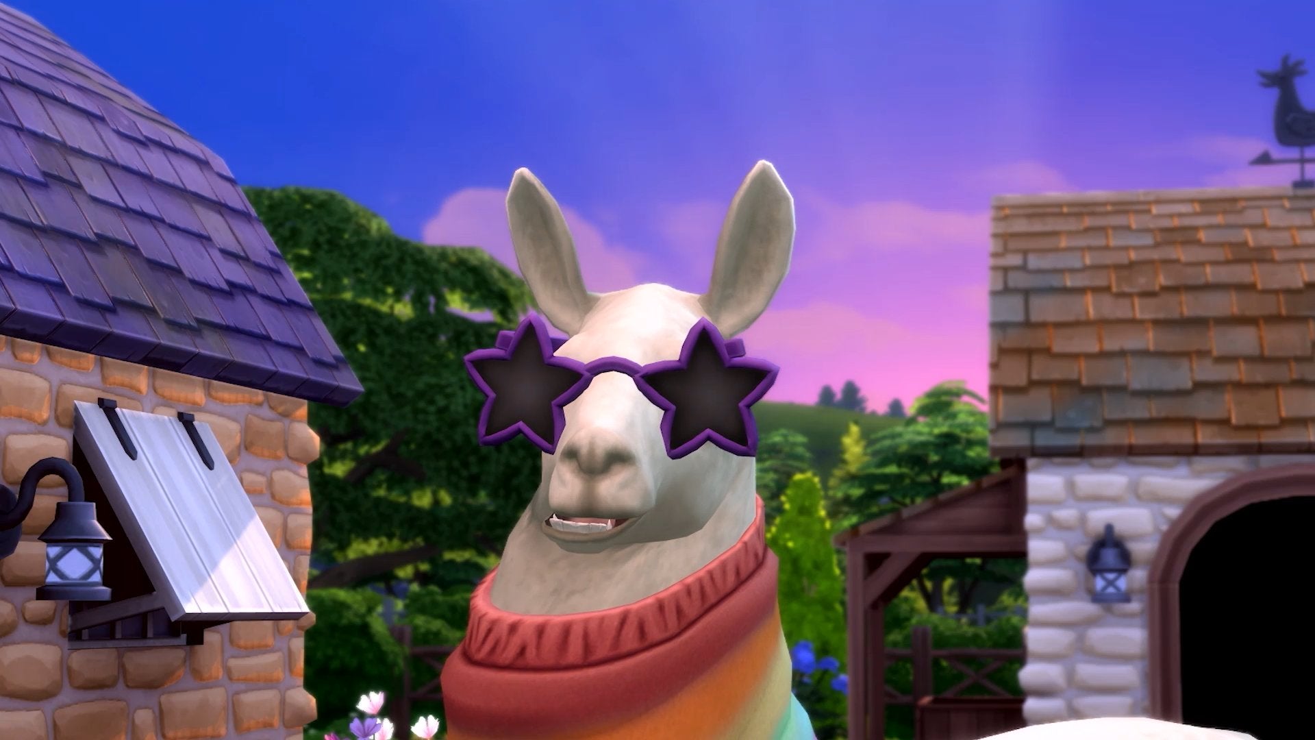Close up of a llama wearing star shaped sunglasses and a rainbow scarf.