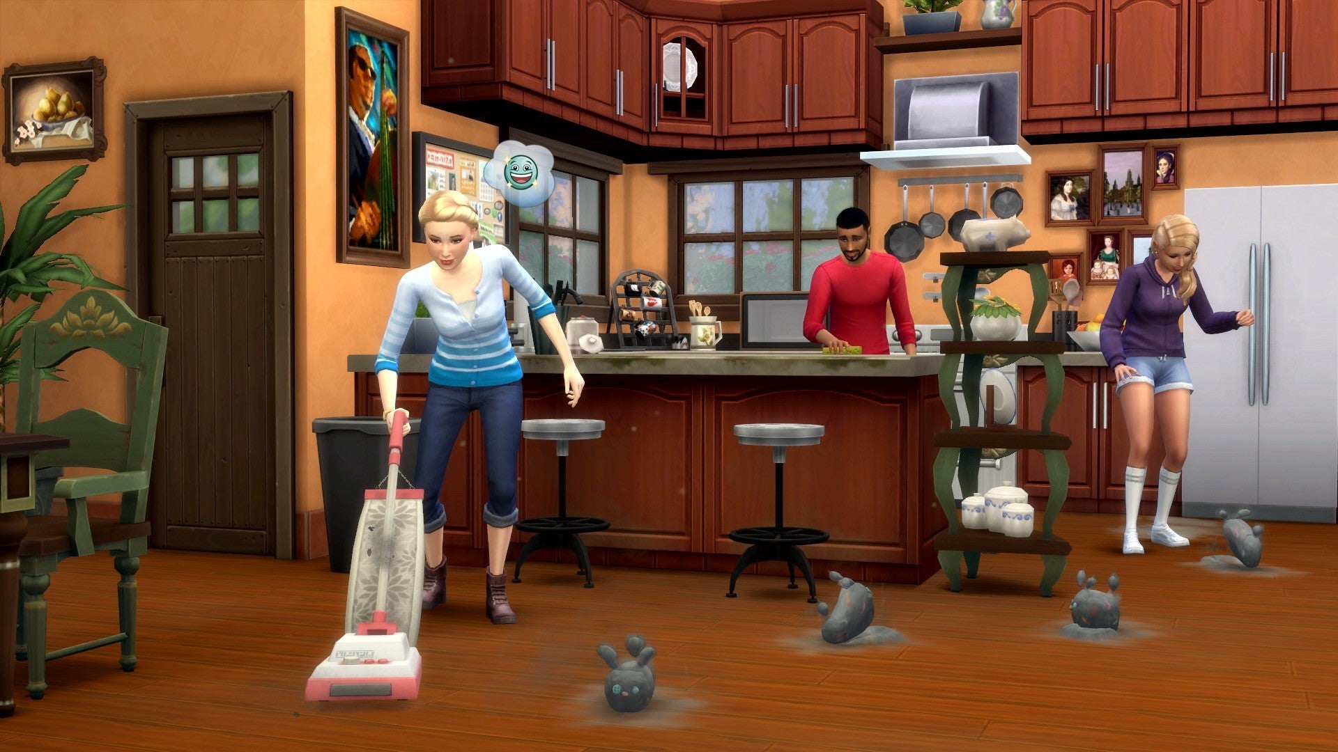 A Sim vacuuming up dust bunnies in The Sims 4.