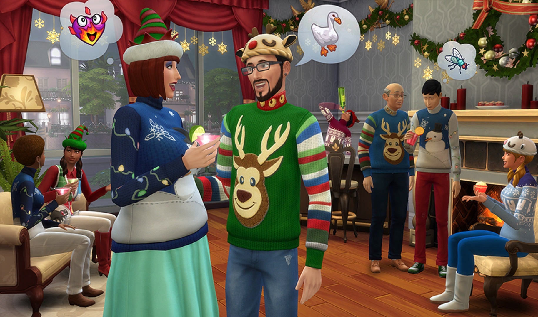 A group of Sims from The Sims 4 in festive attire, apparently enjoying a Christmas party.