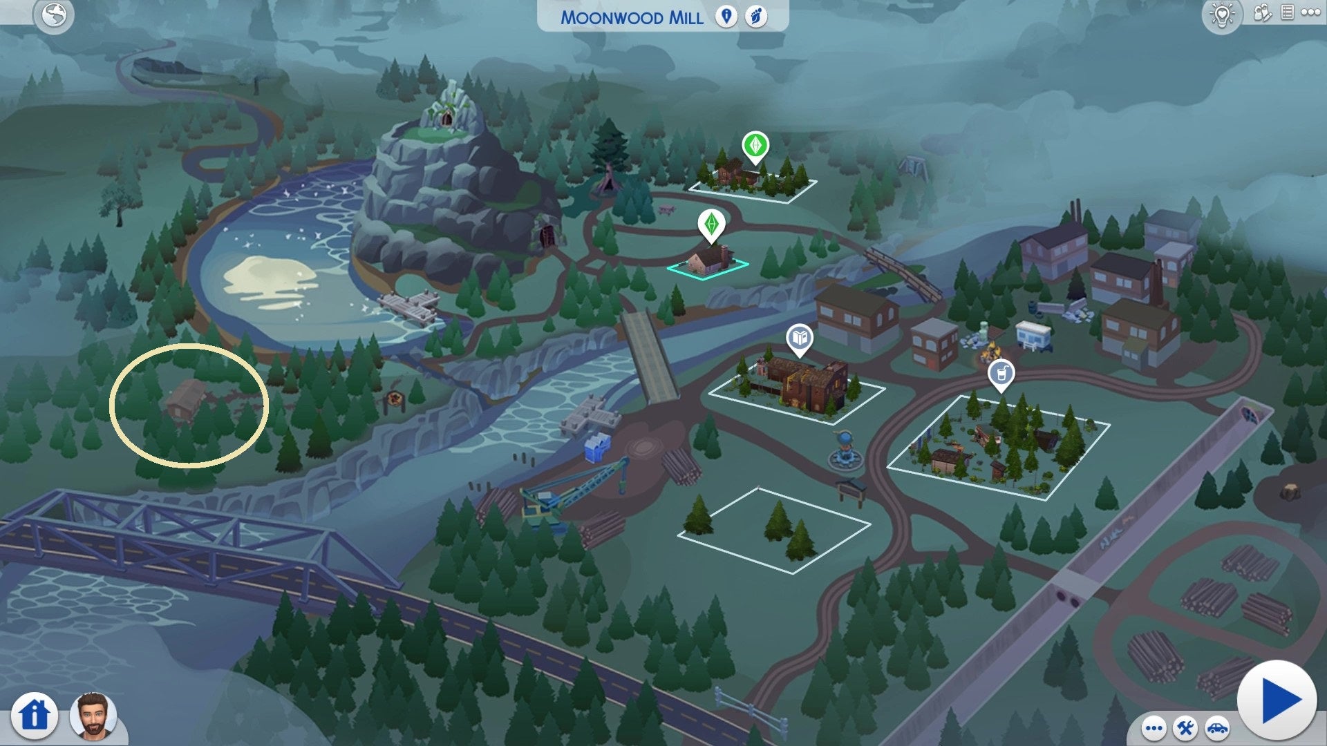 The Moonwood Mill map from The Sims 4 Werewolves, with Greg's house circled.