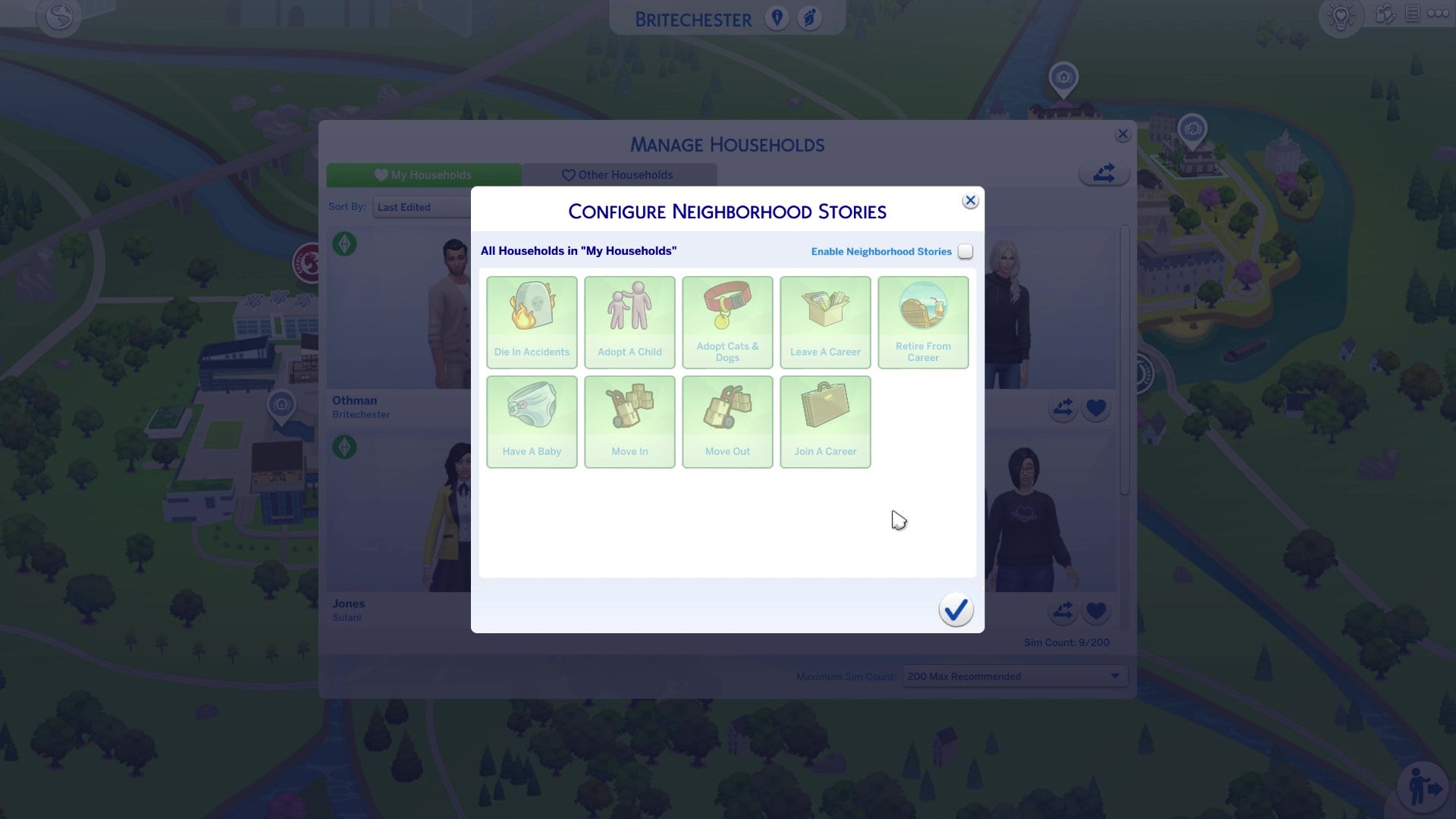 The My Households tab in Manage Households in The Sims 4, showing the default Neighborhood Stories set-up for played households.