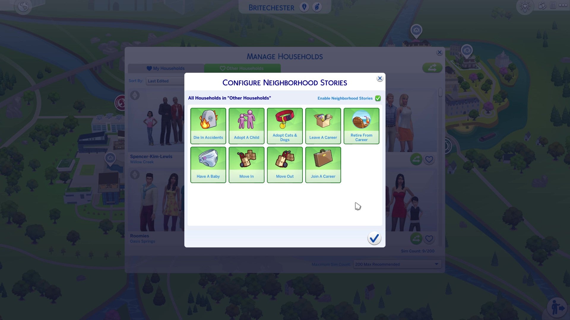 The Other Households tab in Manage Households in The Sims 4, showing the default Neighborhood Stories set-up for unplayed households.