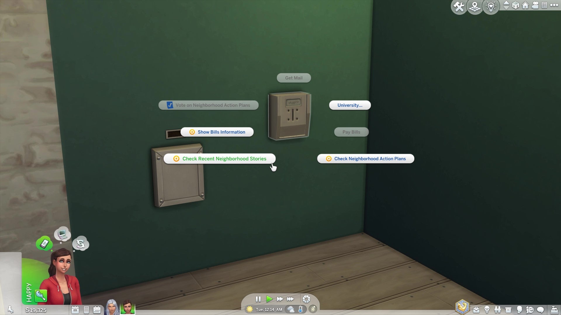 A mailbox in an apartment building in The Sims 4 with all interactions displayed. The new "Check Neighborhood Stories" option is highlighted.