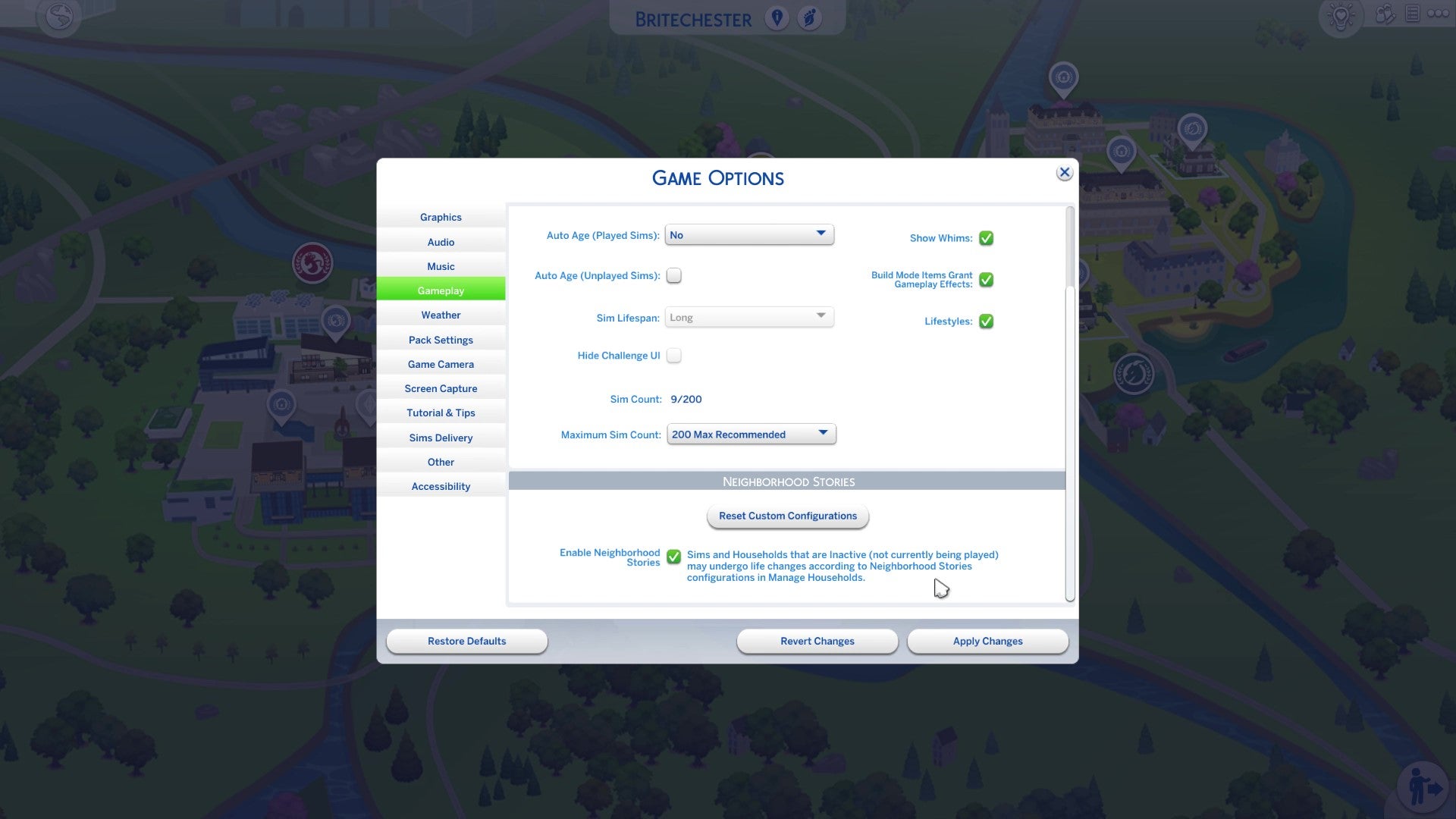 The main gameplay options menu in The Sims 4, showing the new Neighborhood Stories sub-tab.