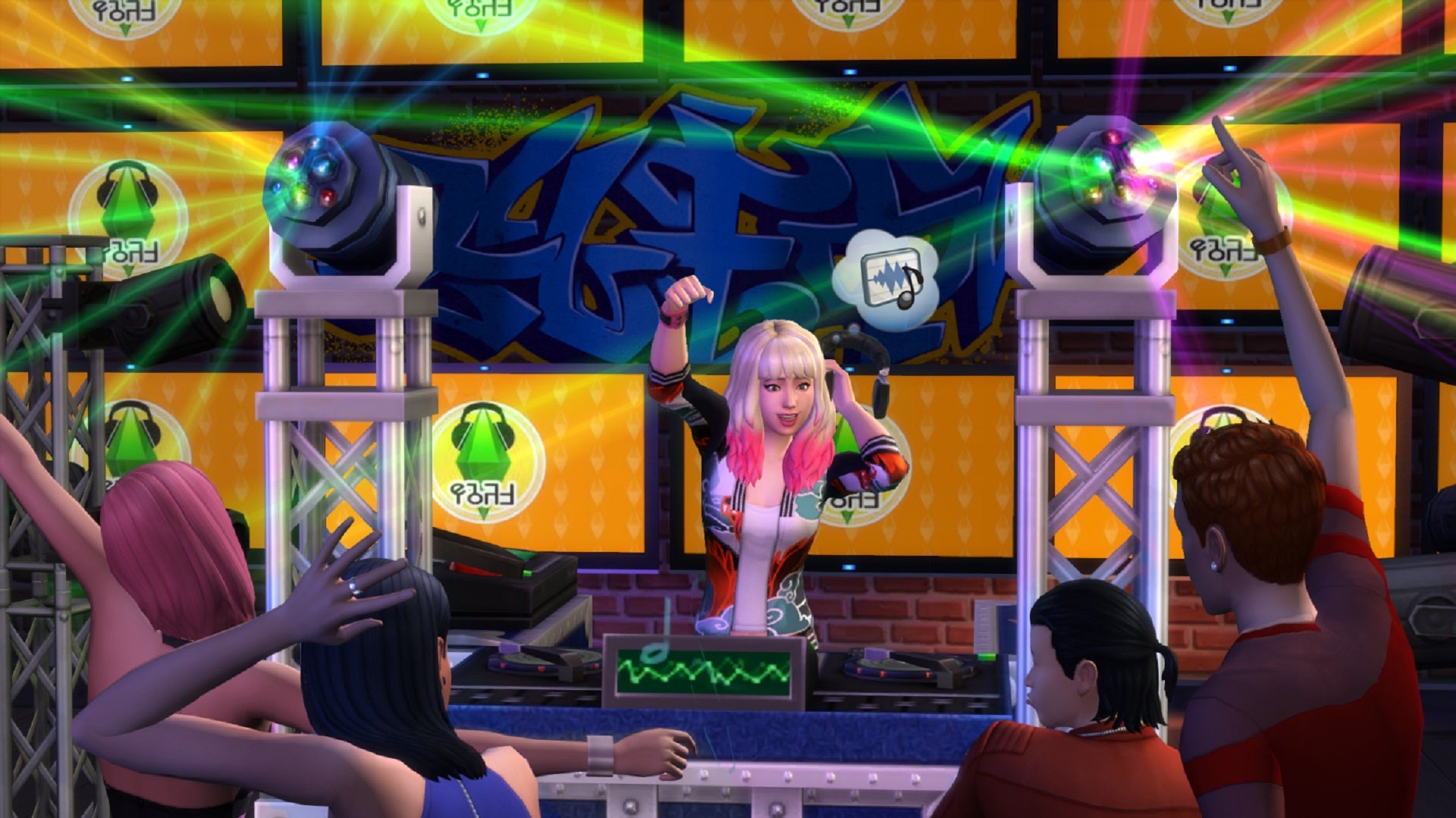 A DJ playing to a crowd in The Sims 4.