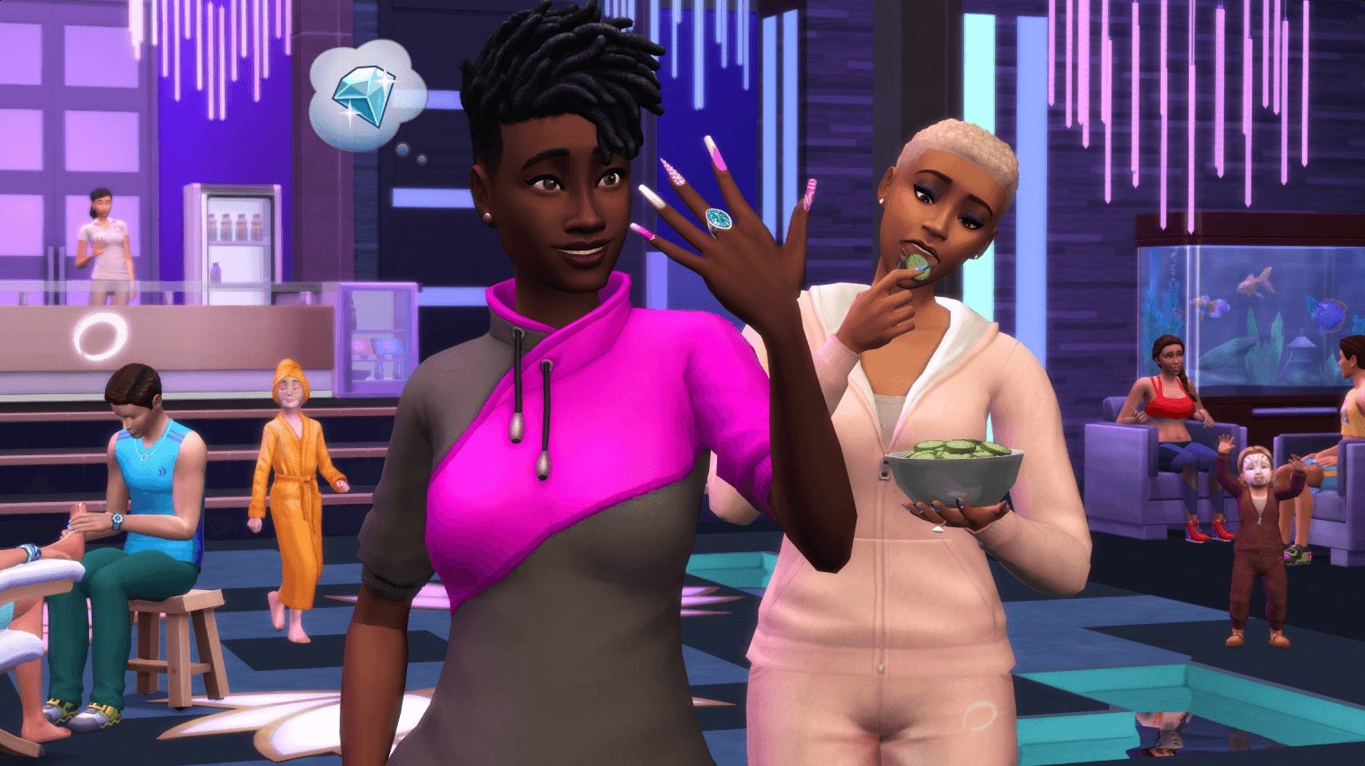 The Sims 4 Spa Day refresh - A sim looks at their nail art while wearing an athletic sweatshirt while a sim in the background eats cucumber slices wearing a tracksuit.