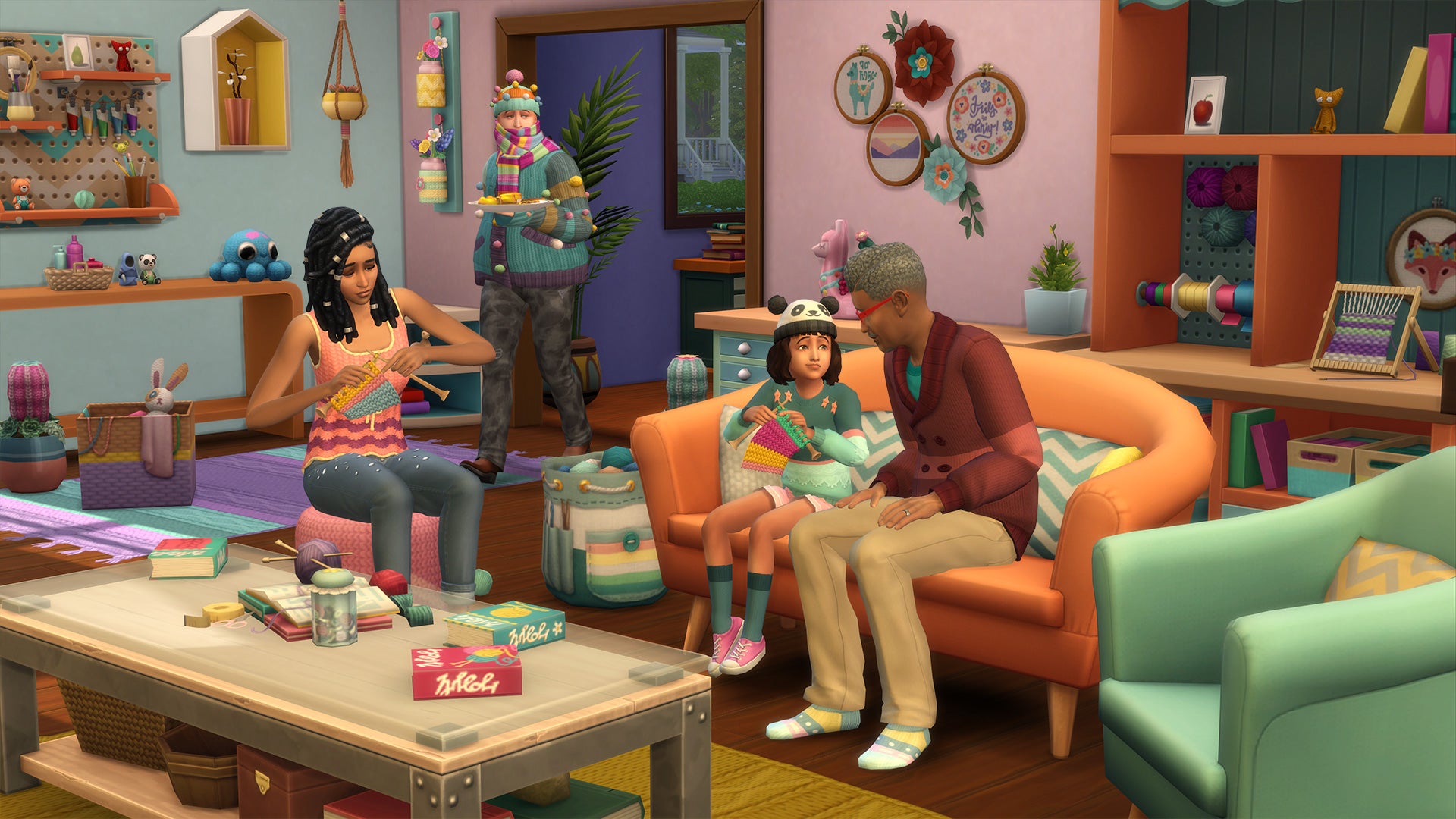 A group of Sims sitting in a living room knitting. One Sim is swathed in knitwear to the point of struggling to move.