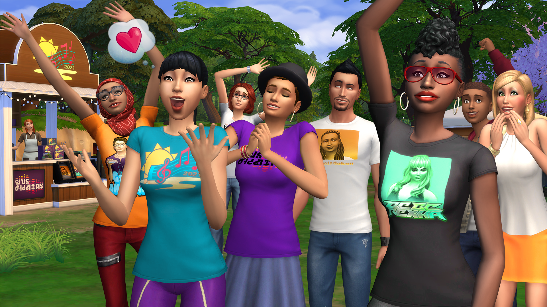 A group of Sims in The Sims 4 enjoy an outdoor music festival, with the focus on the excited crowd and vendors in the background.