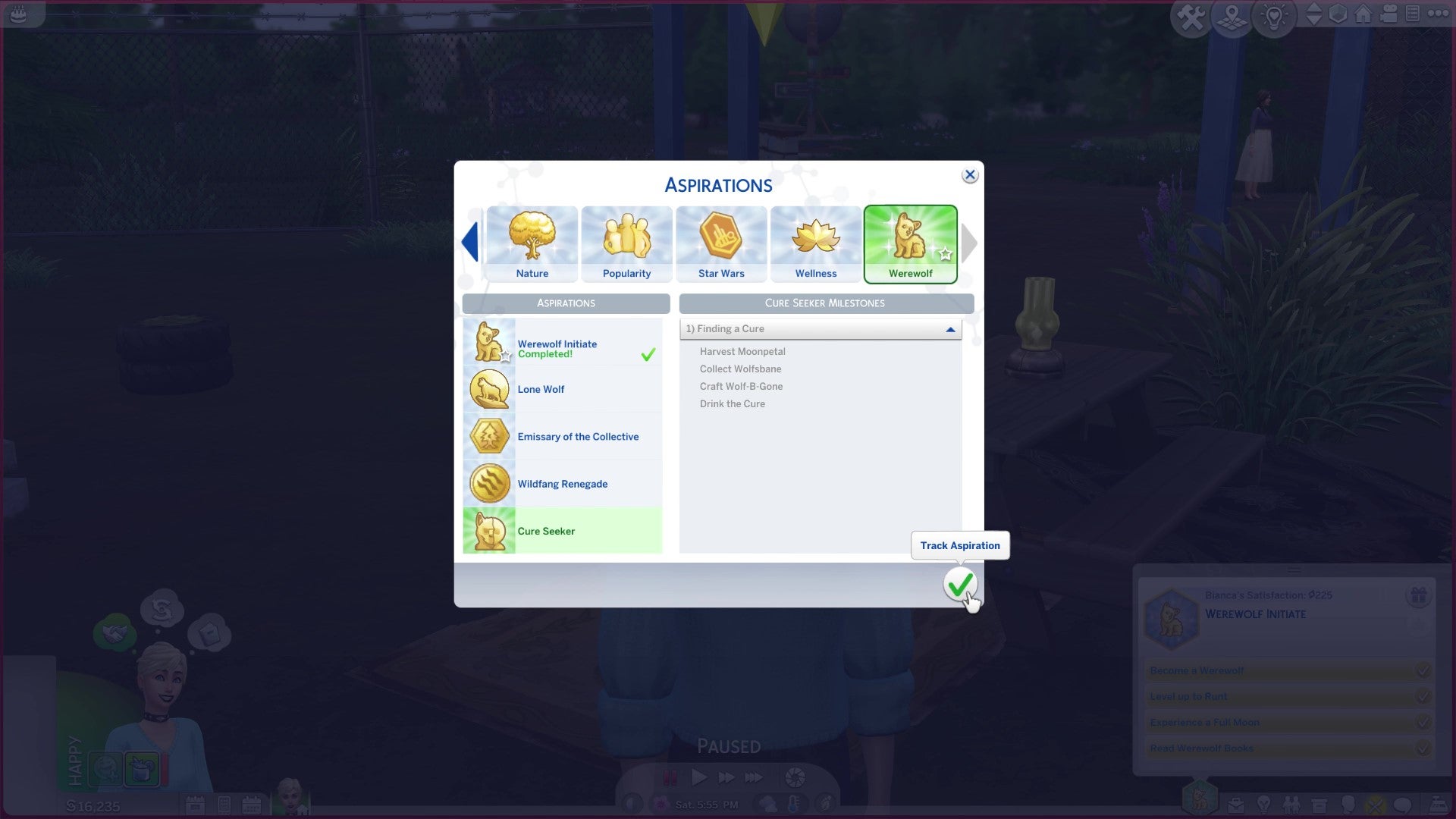 The werewolf aspiration selection pop-up in The Sims 4 Werewolves. The Sim has completed the first aspiration and is now being given the choice between four new aspirations: joining either of the two werewolf gangs, becoming a lone wolf, or seeking a cure.