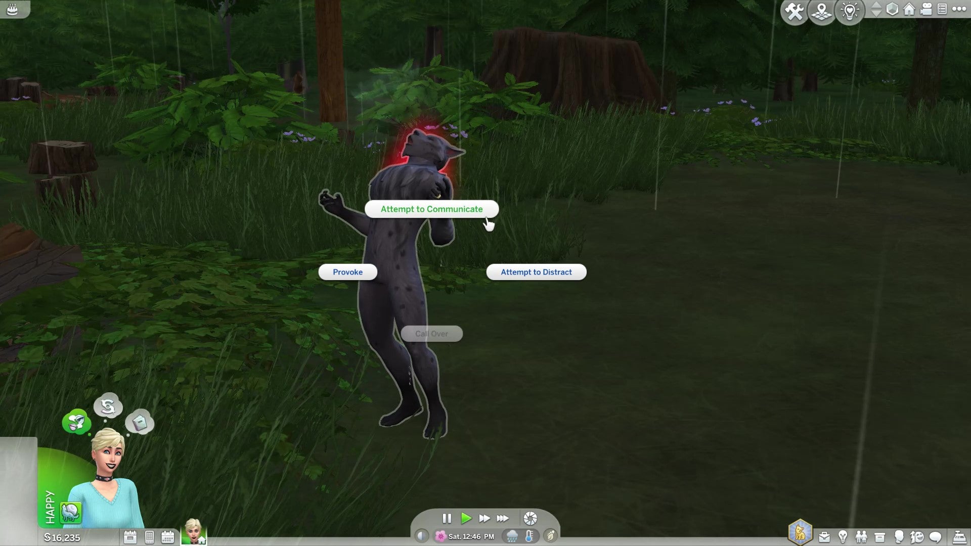 Un menú de opciones sociales en Los Sims 4 Hombres Lobo te da la opción de tratar de acercarte a Greg pacíficamente.