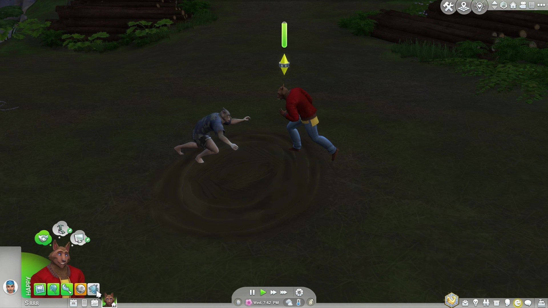 Dos hombres lobo participan en un combate amistoso en forma de lobo en Los Sims 4 Hombres Lobo.