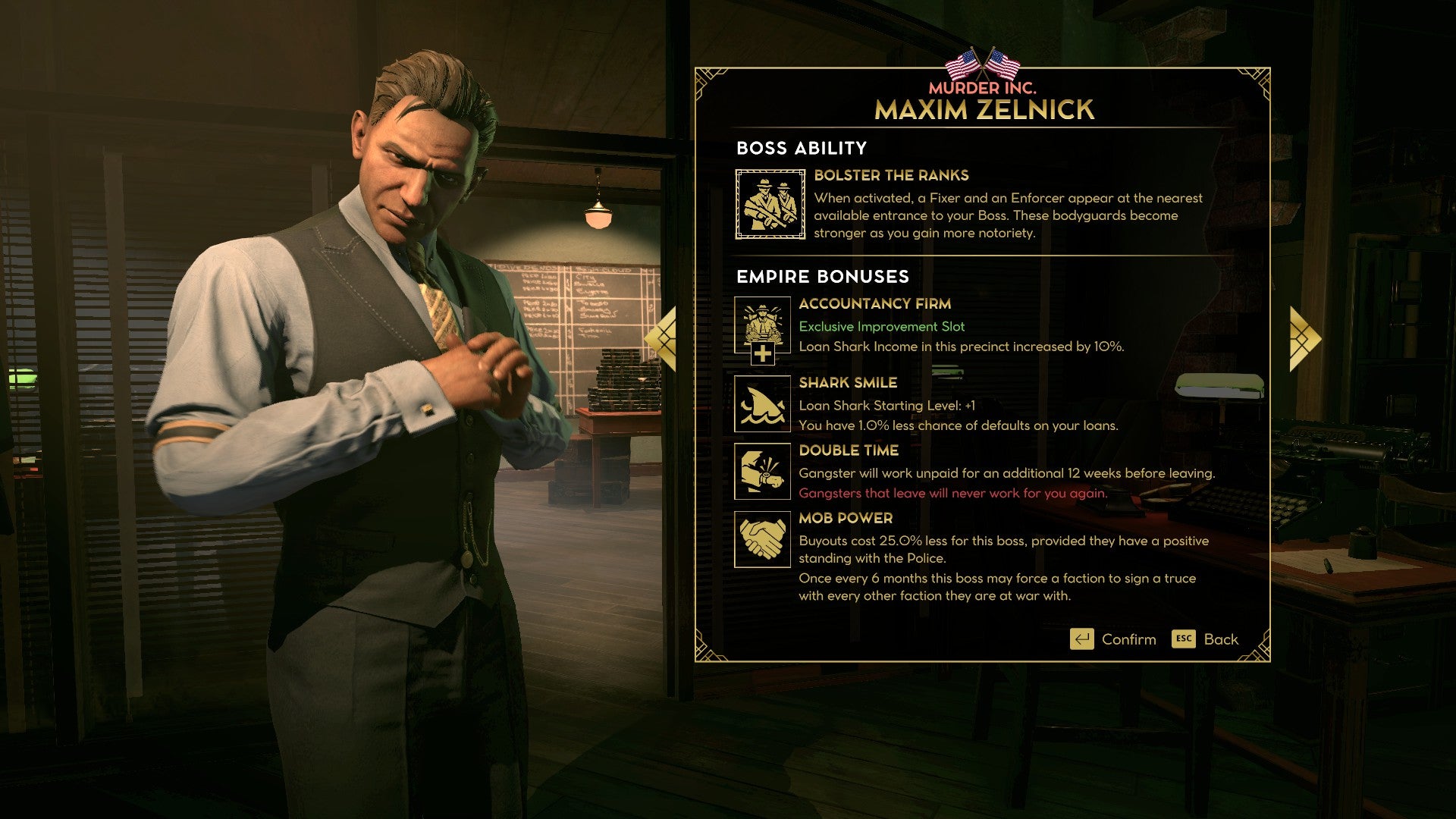 A portrait and character info screen for Maxim Zelnick in Empire Of Sin