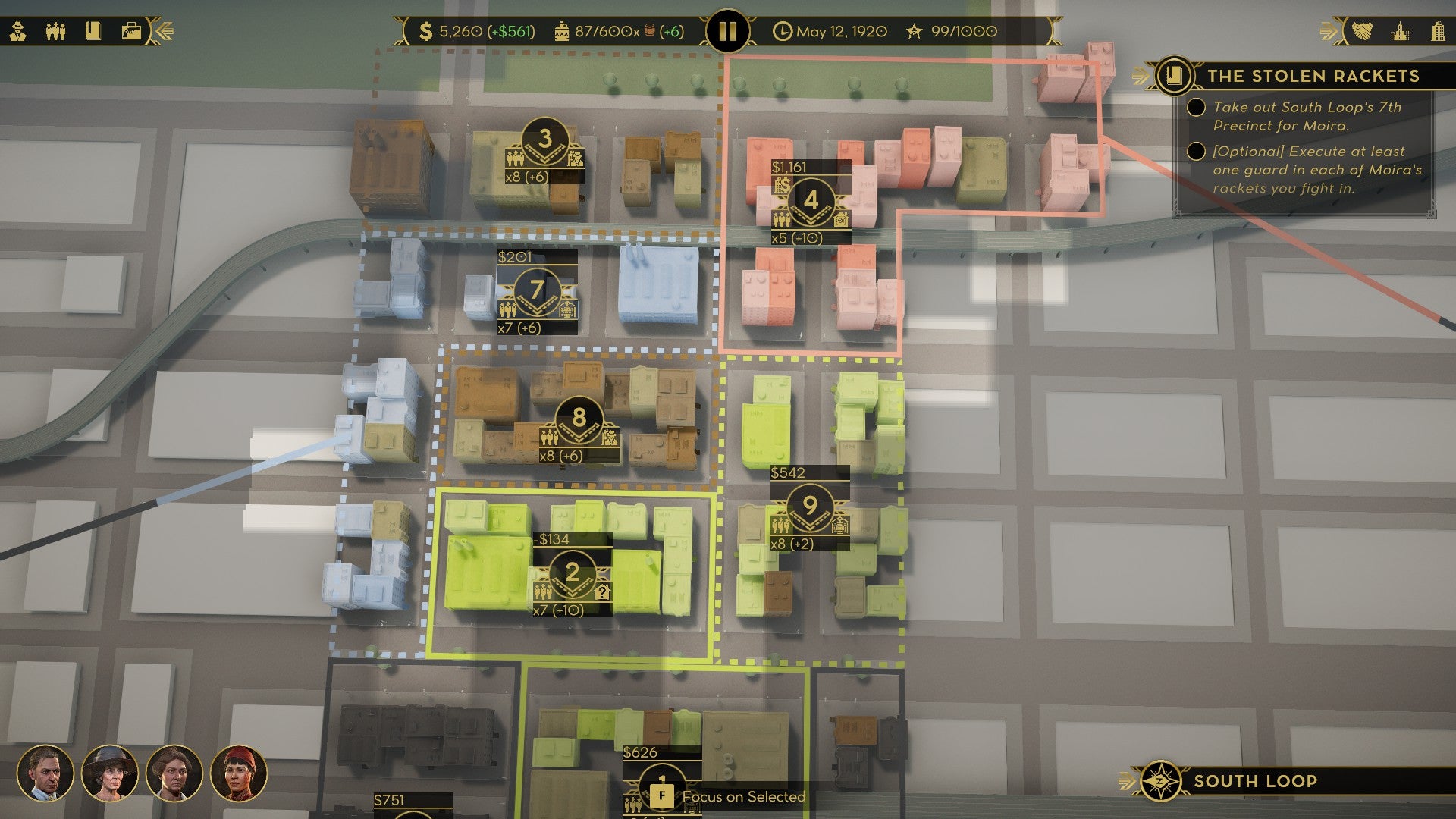 An overhead town map with different coloured buildings in Empire Of Sin