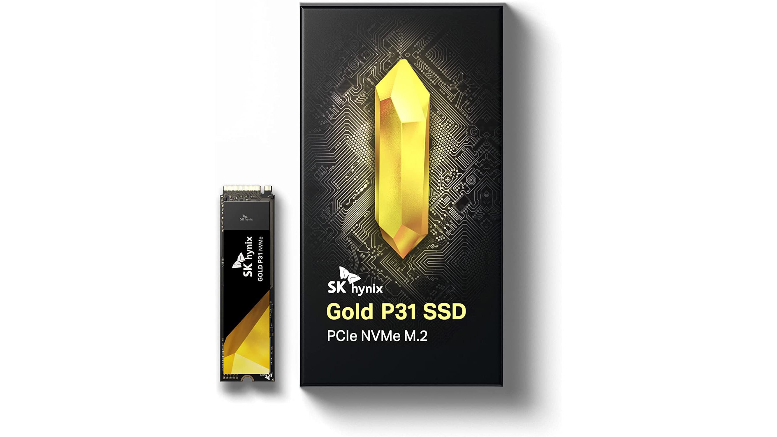 A SK Hynix Gold P31 NVMe SSD, shown in a black and gold colour scheme