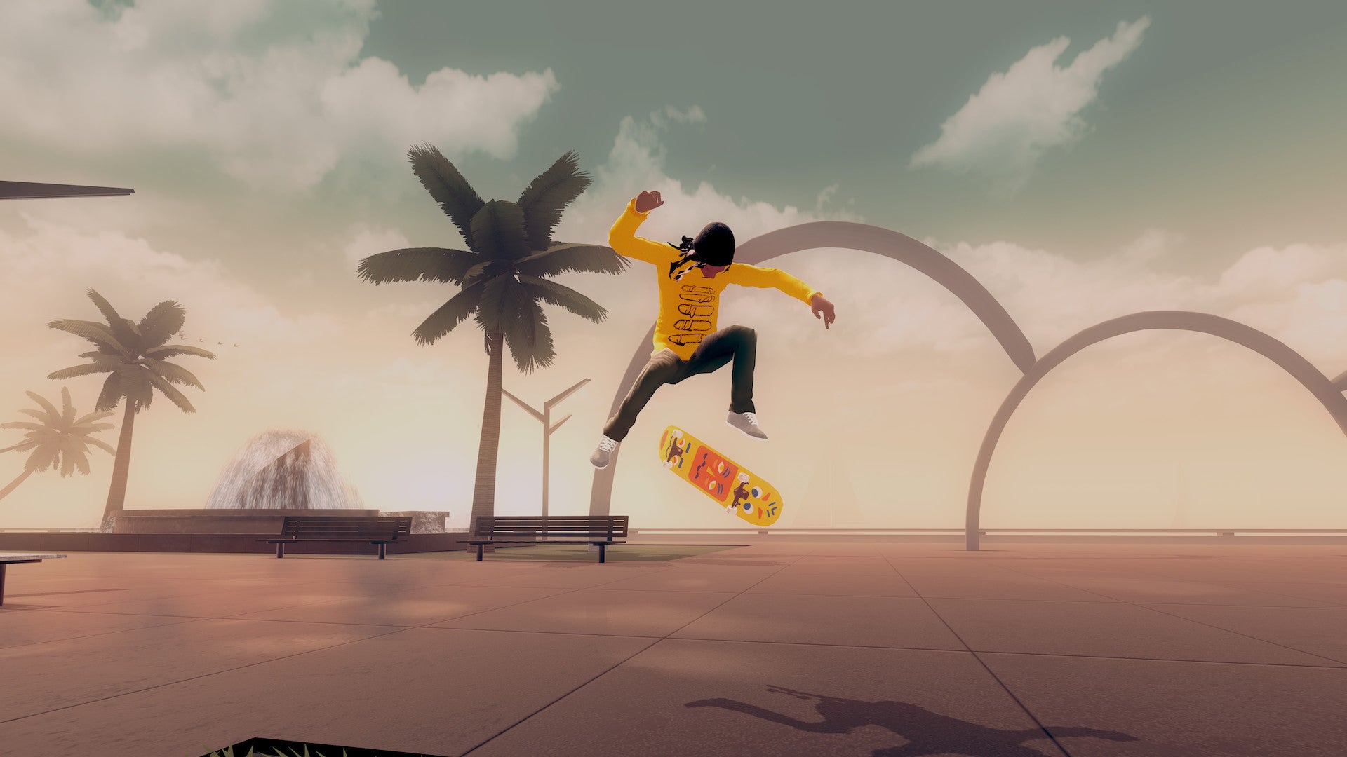 A skateboarder mid-air during a trick in a Skate City screenshot.