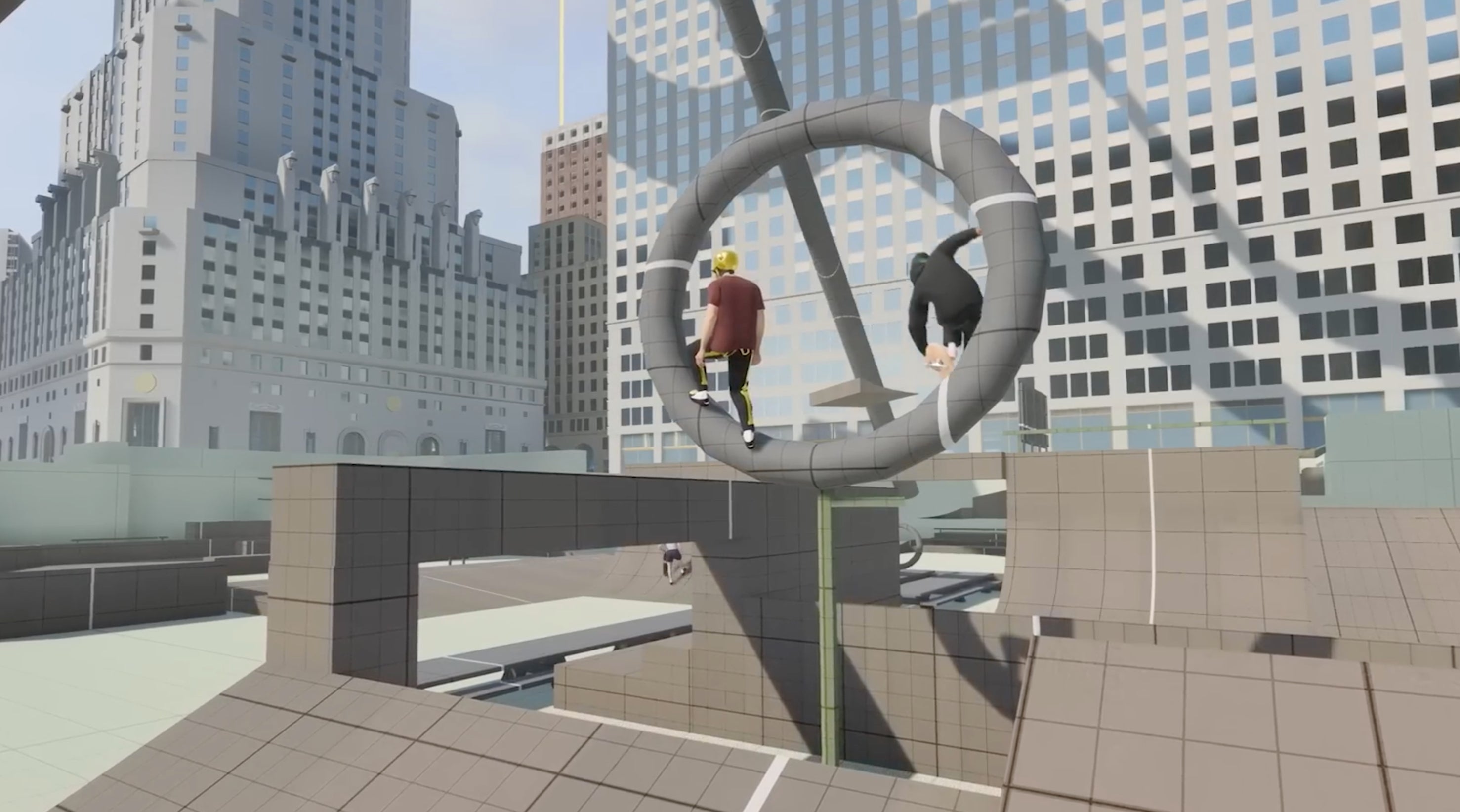 Two skateboarders grind through a whitebox level in the skate playtests