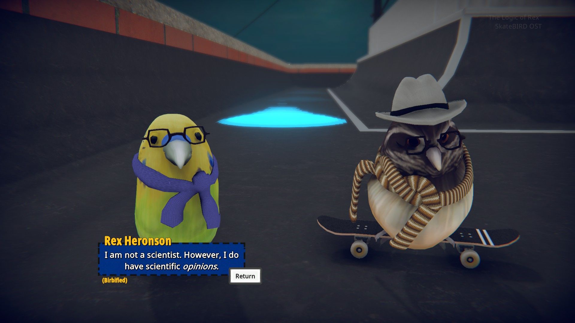 Two birds sit side by side in Skatebird